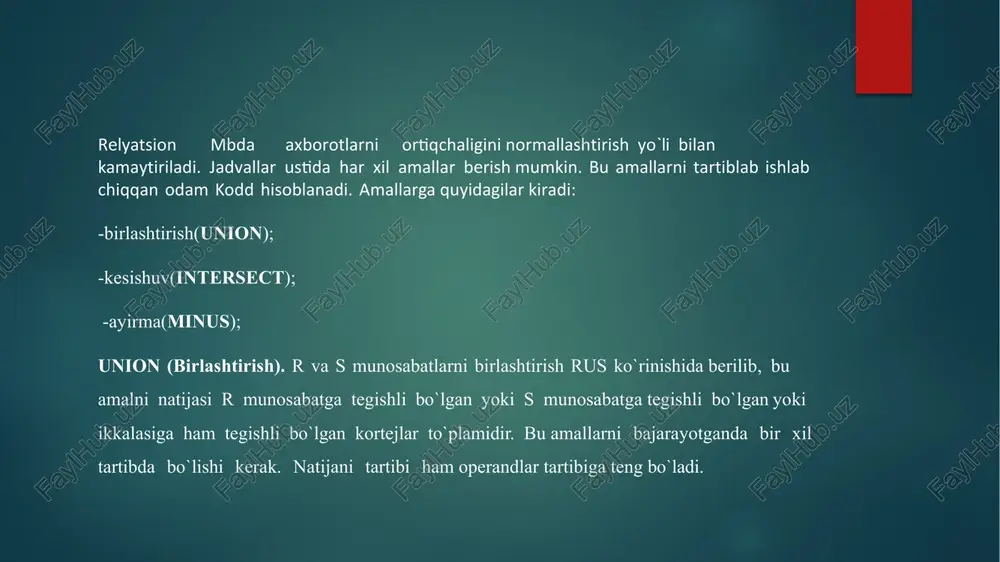 da intersect o’rniga minus operatorini yozsak, natijada ekranga 1 va 2 soni chiqariladi. union all- (bir nechta so'rovlarni bitta sql-buyruqqa birlashtirish va shunga mos ravishda so'rovlar natijalarini birlashtirish uchun union kalit so'zidan foydalaniladi. union bilan qo'shilgan so'rovlar bir xil miqdordagi ustunlarni chiqarishi kerak va ustunlar ma'lumotlari turlari mos bo'lishi kerak. natijalarni birlashtirishda takroriy satrlar avtomatik ravishda o'chiriladi; takroriy satrlarning o'chirilishining oldini olish uchun union so'zining o'rniga union all ifodasini ishlatiladi. va nihoyat, bog'langan so'rov satrlarini order by jumlasi yordamida buyurtma qilish mumkin. ishni bajarish tartibi intersect, minus operatorlari mysqlda ishlamaydi. shuning uchun bu laboratoriya ichini open server dasturida bajaramiz. passenger jadvalini ko’ramiz; so`rov: select * from passenger; natija: so`rov: select *from customer; natija: so`rov: select * from passenger union select * from customer; natija: so`rov: select * from passenger union all select * from customer; natija: 10 - laboratoriya ishi mavzu: standart funksiyalardan foydalanib so‘rovlar yaratish ishdan maqsad: berilgan predmet …