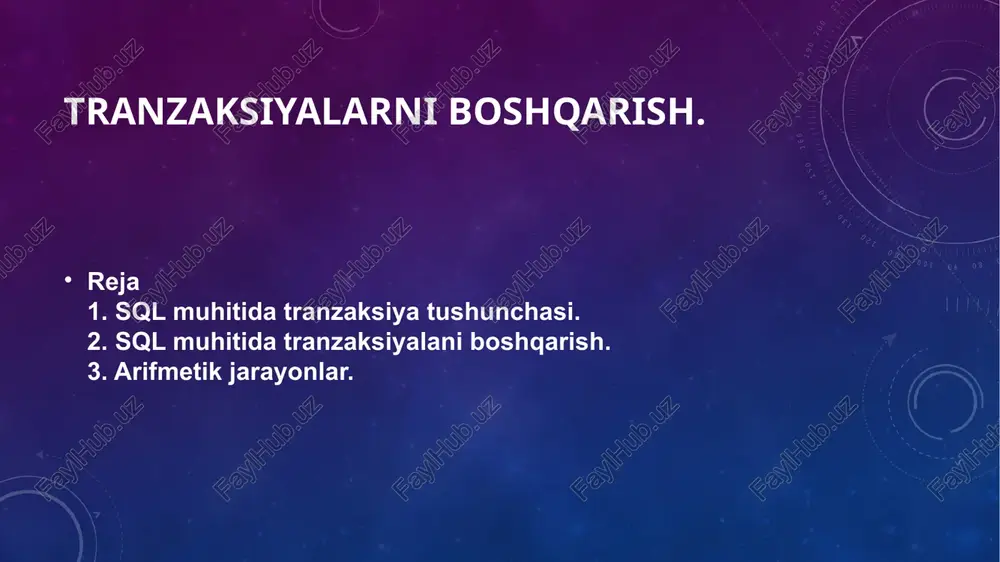 n, bunda mbdagi o'zgarishlar doimiy bajariladigan bo'ladi va yangi tranzaksiya commit buyrug‟idan so'ng boshlanadi. rollback yo‟riqnomasi bilan, bunda tranzaksiyada bajarilgan barcha o'zgarishlar bekor bo'ladi va yangi tranzaksiya rollback buyrug‟idan so'ng boshlanadi. tranzaksiyalaming bajarilishini boshqarish modeli subd sysbase dasturida qo‟llanilib, quyidagi yoriqnomalardan foydalaniladi: begin transaction yo‟riqnomasi, tranzaksiyaning boshlanishini bildiradi. commit transaction yo‟riqnomasi, tranzaksiyaning muvaffaqiyatli tuganini bildiradi. bunda yangi tranzaksiya avtomatik ravishda ishga tushmaydi. save transaction yo‟riqnomasi, bunda tranzaksiya ichida saqlash nuqtasi tashkillashtiradi va saqlangan saqlash nuqtasiga nom berish imkoniyati yaratiladi. rollback yo‟riqnomasi, bunda barcha tranzaksiyadagi amallar bekor qilinadi va mb holati tranzaksiyadan oldingi holatga qaytariladi. shunday qilib, tranzaksiya - bu mbga tugallangan murojaat bo'lib quyidagi to'rtta shartning bajarilishini kafolatlaydi: bo'linmaslik (atomarnost) - tranzaksiya boshi va oxiriga ega bo'lgan botinmas blok. bu blok yoki to‟liqligicha bajariladi, yoki umuman bajarilmaydi; kelishuvchanlik - tranzaksiya tugaganidan so'ng, hamma ob‟yektlar kelishganlik holatini saqlab qoladi; himoyalanganlik - har bir tranzaksiya jarayoni boshqa tranzaksiya ishiga ta‟sir ko'rsatmaydi. doimiylik …
