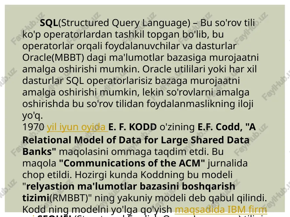 rasiz. masalan dekanat mbdagi fanlar jadvalidagi faqat fanlarning nomini ko’rish uchun quyidagi buyruqni yozamiz: mysql> select fan_nomi from fanlar; +------------------------------------------+ | fan_nomi | +------------------------------------------+ | sxemalar va elektronika | | algoritmlarni loyihalash | | kompyuterni tashkillash | | kiber-huquq va kiber-etika | | kriptografiya | | kiberxavfsizlik asoslari | | ma`lumotlar tuzilmasi va asoslari | misol №1. bir nechta ustunlardan ma'lumotlarni tanlash uchun select operatoridan foydalanish. ushbu misolda biz bir vaqtning o'zida bir jadvalning bir nechta ustunlaridan ma'lumotlarni olish uchun select operatoridan foydalanamiz: select ustun_nomi_1, ustun_nomi _2, ustun_nomi _3 from jadval_nomi; jadval yana ko'plab ustunlarni o'z ichiga olishi mumkinligiga qaramay, ushbu misoldagi select so'zi jadvalning faqat uchta zarur bo'lgan ustunlaridan ma'lumotlarni qaytaradi. masalan dekanat mbdagi “talabalar” jadvalidagi faqat talabaning fishni ko’rish uchun quyidagi buyruqni yozamiz: mysql> select fam, ism, ota_ism from talabalar; +--------------------+---------------+----------------------+ | fam | ism | ota_ism | +--------------------+---------------+----------------------+ | nabijonov | avazbek | nazirjon o`g`li | | …
