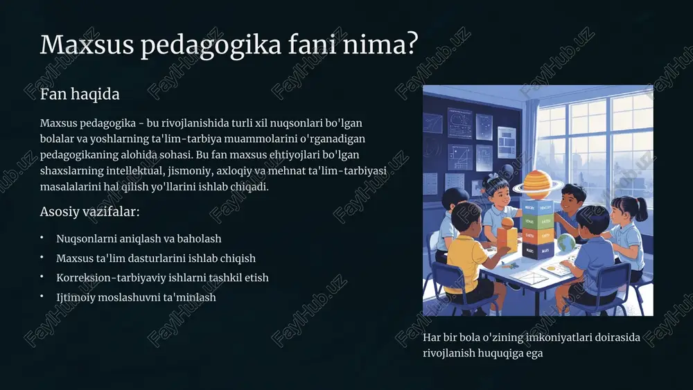 cha, og'ir nutq buzilishlari og'zaki nutqning rivojlanmasligi fonetik, leksik, grammatik harakatlar buzilishi motor funksiyalarning cheklanganligi yengil, o'rtacha, og'ir 10 daun sindromi nima? genetik xususiyatlari daun sindromi - 21-xromosomaning qo'shimcha nusxasi mavjudligi natijasida yuzaga keladigan genetik buzilish. bu holat triplatsiya 21 deb ham ataladi. asosiy belgilari: o'ziga xos tashqi ko'rinish aqliy rivojlanishning sekinlashishi jismoniy rivojlanishning kechikishi ba'zi tibbiy muammolar daun sindromli bolalar har xil qobiliyatlarga ega bo'lib, to'g'ri yondashuv bilan sezilarli yutuqlarga erisha oladilar. 11 daun sindromli bolalarning rivojlanish xususiyatlari 1 jismoniy rivojlanish past bo'y, kam vazn, mushaklarning zaifligi, yurak nuqsonlari, immun tizimining zaifligi 2 kognitiv rivojlanish o'rganishning sekinligi, xotiraning zaifligi, diqqatni jamlashda qiyinchilik, abstrakt fikrlashning cheklanganligi 3 nutq rivojlanishi og'zaki nutqning kechikishi, artikulyatsiya muammolari, grammatik strukturalarni egallashda qiyinchilik 4 ijtimoiy rivojlanish ijtimoiy ko'nikmalarda kechikish, biroq odatda do'stona va ijtimoiy faol xarakterga ega 12 daun sindromli bolalar bilan ishlash usullari maxsus ta'lim usullari individual yondashuv, vizual materiallardan foydalanish, takrorlash va mustahkamlash, …