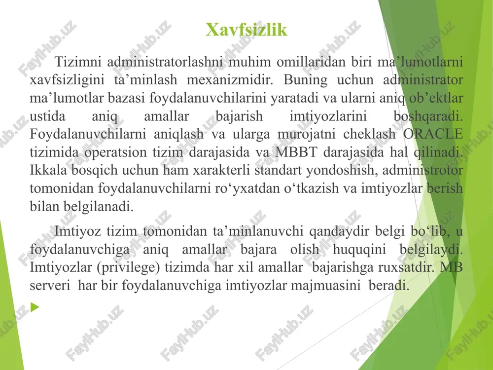 ected. 1 sql> create table baza1.tabl(atl number); table created. jadvallar bilan ishlash uchun tizimli imtiyozlar tizimli imtiyozlar tizimli imtiyozlar bajaradigan amallar create any table foydalanuvchi ixtiyoriy ma’lumot baza sxemasi jadval yaratish xuquqini beradi create table foydalanuvchi o‘zini ma’lumot baza sxemasi jadval yaratish xuquqini beradi. jadvalni yaratish uchun u yaratiladigan sohada jadval sohasi uchun kvota berish imtiyozi bo‘lishi kerak. drop any table foydalanuvchiga ixtiyoriy ma’lumot sxemasida ixtiyoriy jadvalni olib tashlash ruxsat beradi alter any table foydalanuvchi ixtiyoriy ma’lumot baza sxemasida ixtiyoriy jadvalni o‘zgartirish xuquqini beradi ob`yektga murojaat imtiyozini berish ob’yektlarga murojat imtiyozlarini oracle serveri tomonidan tizimni ikkita ob’ektiga beriladi: foydalanuvchilar (user) va rollarga (role). imtiyozlarni nomlangan to‘plami rollarni tashkil etadi. ob’ektlarga murojat imtiyozlarini foydalanuvchiga berish uchun grant komandasi ishlatiladi. grant komandasini beruvchi foydalanuvchi yoki shu ob’ektni egasi bo‘lishi kerak (ushbu ob’ekt o‘zini tizimida yaratilgan bo‘lishi kerak), yoki imtiyoz unga with grant option parametri bilan uzatilgan, yoki grant any privilege imtiyozga ega …