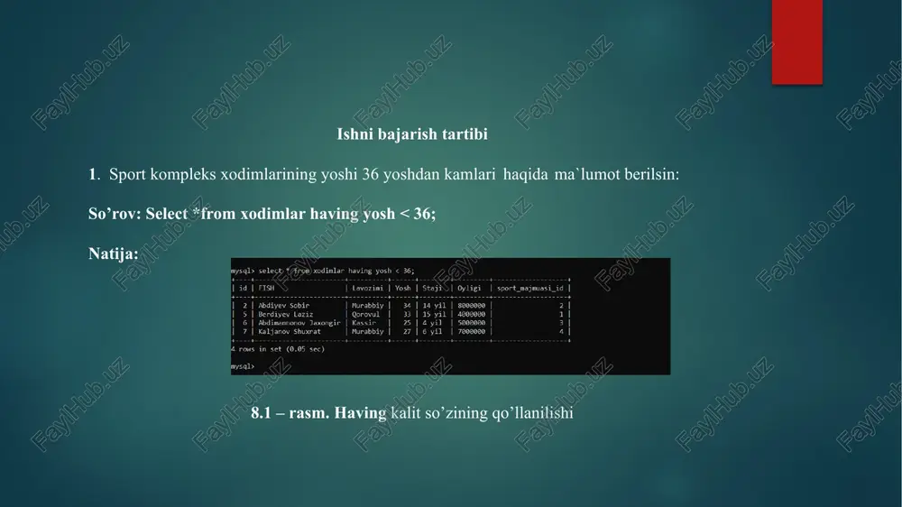 r mos tartibda kelishi va xar biriga mos tiplarga ega bo‘lishi kerak. sonli maydonlar bir xil tipga va kattalikka ega bo‘lishi kerak. simvolli maydonlar bir xil sondagi simvollarga ega bo‘lishi kerak. moslik ta’minlovchi yana bir shart bo‘sh (null) qiymatlar jamlanma ixtiyoriy ustunida man etilgan bo‘lishi kerak. bu qiymatlar boshqa jamlovchi so‘rovlarda xam man etilgan bo‘lishi kerak. bundan tashqari siz ostki so‘rovlarda union operatoridan, xamda jamlovchi so‘rov select operatorida agregat funksiyalardan foydalanishingiz mumkin emas. siz individual so‘rovlardagi kabi natijani tartiblash uchun order by operatoridan foydalanishingiz mumkin. union ifodasi bir yoki bir necha sql so‘rovlar natijasini birlashtirishga imkon beradi. intersect – bu operator ikki jadvalni taqqoslab ikkisida ham mavjud bo’lgan elementni chop etadi. masalan a to’plamda 1, 2 va 3 ; b da esa 3, 4 va 5 bo’lsin. u holda: select * from a interset select * from b buyrug’ining natijasida 3 soni chop etiladi. minus – birinchi jadvalda mavjud va …