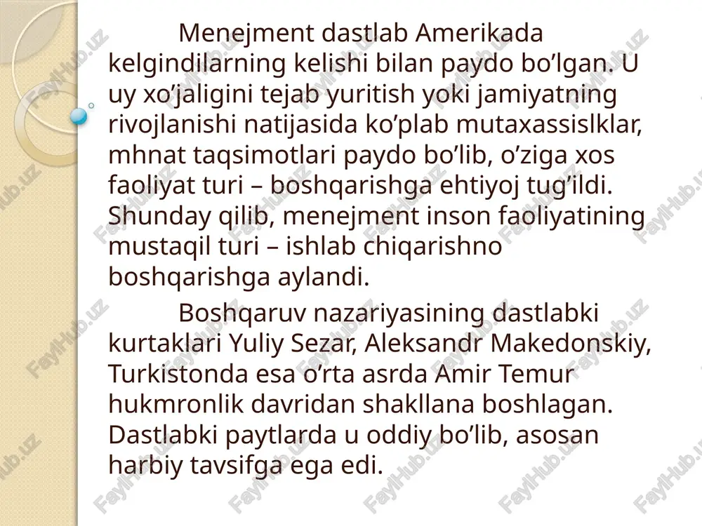 aviya har bir boshqaruv saviyasining o’ziga xos vazifa tarkibi, huquq vq mqjburiyatlari mavjud. oliy saviyadagi menejerlar maqsad va siyosat shakllanadi. yangi aksiyalar chiqarish, xorijiy filialar bunyod etish, raqobatchilar bilan bo’ladigan o’zaro munosabatlar, yangi bozorlarni o’rganish kabi masalalar hal etiladi. bu hammasi strategik menejment deb ataladi. ular kompaniyalarning aksiyalarini past narxda sotib olishda, o’zlarining nafaqalarini rasmiylashtirishda, sug’urtalashda, dam olish berishda maxsus imtiyozlarga ega. oliy saviyaga prezident, vitse prezident, boshqaruv hay’ati raisi, di- rektorlar kiradi. asosiy (quyi) saviyaga kichik jamoalar va guruhlar rahbarlari, brigada bosh-liqlari kiradi. o’rta saviyaga funksional bo’linmalar, filial rahbarlari, bo’lim boshliqlari kiradi. o’rta saviadagi rahbarlik tezkor rejalarni taraqqiyot toptirish va amalga oshirishga, oliy rahbarlik qabul qilgan qarorlarni amaliyotga o’tkazishga javobgardirlar. o’rta bo’g’in menejerlari rejalarni amalga oshirishda juda keng harakat erkinligiga ega. masalan, ommaviy axborot vositasini reklama uchu ishlatishda, mahsulotni sotish uchun qancha xodm yollash kerakligini, anday dastgoh sotib olish kerakligini, ishlab chiqarishni taraqqiyot toptirish masalalari va boshqalar. asosiy saviya …
