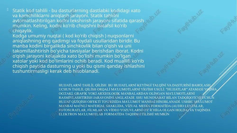 hining savollari, gipotezalari yoki umumiy g'oyalari ularni yanada izohlash va xulosalar chiqarish uchun faktlarni tanlash mezonidir. hujjatlarni ko'rib chiqish dastur haqida tarixiy ma'lumotlarni topishning eng yaxshi usuli hisoblanadi va ba'zida bunday ma'lumotlarning yagona manbai bo'lishi mumkin. hujjatlarni tahlil qilish istalgan vaqtda amalga oshirilishi mumkin, bu ayniqsa baholashning dastlabki bosqichida, tadqiqotchiga dasturni, uni amalga oshirish tarixini o'rganishi va uning asosiy maqsadlari, vazifalarini va boshqalarni o'rganishi zarur bo'lganda foydalidir. hujjatni tahlil qilganda, baholovchi allaqachon qanday ma'lumotlar to'planganligini va dasturni baholash uchun hali qanday ma'lumot to'planishini aniqlaydi. hujjatlarni tahlil qilishning afzalliklari: dasturning bajarilishi to'g'risida ma'lumot olish va juda cheklangan miqdordagi ma'lumotlarni taqdim etish maqsadida baholovchilar tomonidan olib boriladigan qisqa namunali tadqiqotlardan farqli o'laroq, dastur hujjatlari yaratilganidan boshlab aniq natijalar olinmaguncha va ularni tahlil qilishgacha saqlanib turiladi. shu sababli, hujjatlar to'liq hajmdagi ma'lumotlarni o'z ichiga oladi, dasturni amalga oshirishning umumiy rasmini baholashga, shuningdek, bashoratli taxminlarni tuzishga va rivojlanishning asosiy tendentsiyalarini aniqlashga imkon beradi. ma'lumotlarning …
