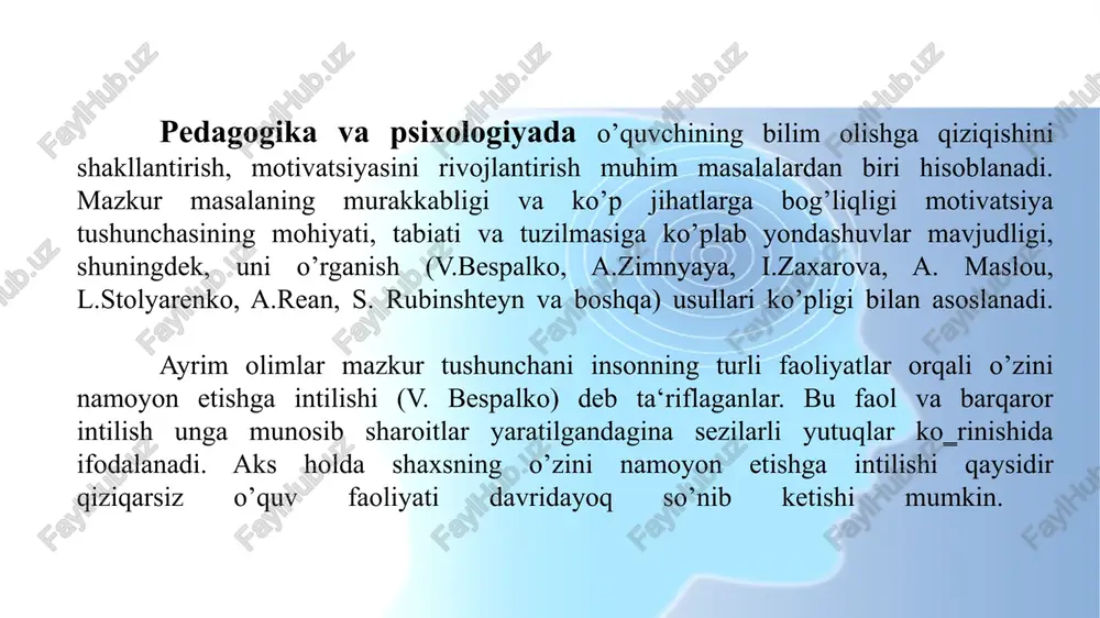 a bu bilimlarni egallash usullaridir. yosh xususiyatini aniqlovchi shartlar majmuiga bolaning jismoniy rivojlanishi xususiyatlari ham kiradi (masalan, go‗daklikda ma‘lum bir morfologik shakl hosil qiluvchi ma‘lumotlarni egallash, o’smirlikda organizmning o’zgarish xususiyatlari va boshqalar). turli yosh davrlari va ularning o’quv faoliyatlari. yosh davrlarini aniqlash atrofdagilarga munosabatlarning rivojlanish darajasi bilan bilim, usullar, qobiliyatlar rivojlanishi darajasi o’rtasidagi aloqani belgilab beradi. mazkur ikki taraf orasidagi munosabatlarning o’zgarishi keyingi yosh bosqichlariga otishning muhim ichki asosi («harakatlantiruvchi kuch»)ni tashkil etadi. bola yashash sharoiti, tarbiya va ta‘lim olish sharoitining o’zgartirilishi rivojlanishning yosh davrlari almashinuvini belgilovchi muhim omildir. songgi vaqtlarda yosh va pedagogik psixologiyada ko‗proq pedagogik mezonlarga asoslangan davrlashtirish qo’llanilmoqa. chaqaloqlik (tug‗ilganidan boshlab bir-ikki oylikkacha). bola ko’pchilik jonivorlarning bolasiga qaraganda ancha ojiz tug‗iladi. u nisbatan cheklangan xulq-atvor, tashqi olamga moslashishning muqarrar reflektor shakllari jamg‗armasiga ega bo‗ladi. tug‗ma xulq-atvor shakllarining kamligi bola kuchsizligini emas, kuchini tashkil etadi – u deyarli cheksiz aqliy rivojlanish, xulqatvorning yangi shakllariga ega bo‗lishning yangi tajribalarini …