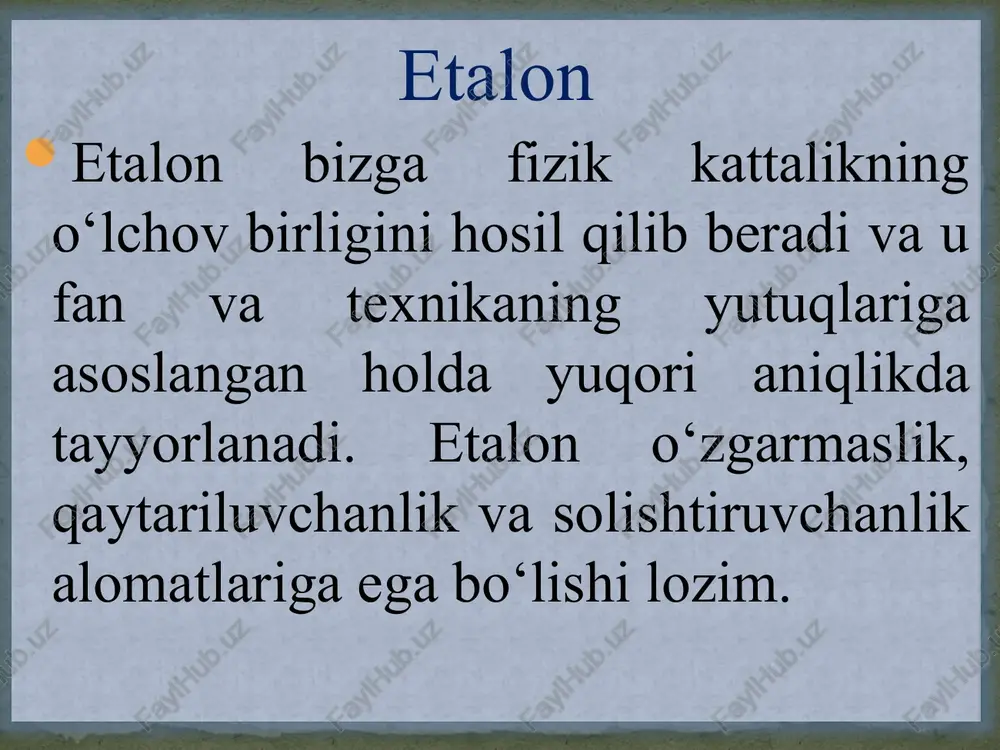on – namunaviy va o‘ta yuqori aniqlikdagi o‘lchash vositalarini qiyoslash uchun mo‘ljjallangan etalon, birlikining o‘lchamini ularga uzatishga xizmat qiladi. tarkibiga ko‘ra etalonlar yakka, guruh etalonlari va etalonlar to‘plamiga bo‘linadilar. e’tiboringiz uchun rahmat image3.png image1.jpeg /docprops/thumbnail.jpeg