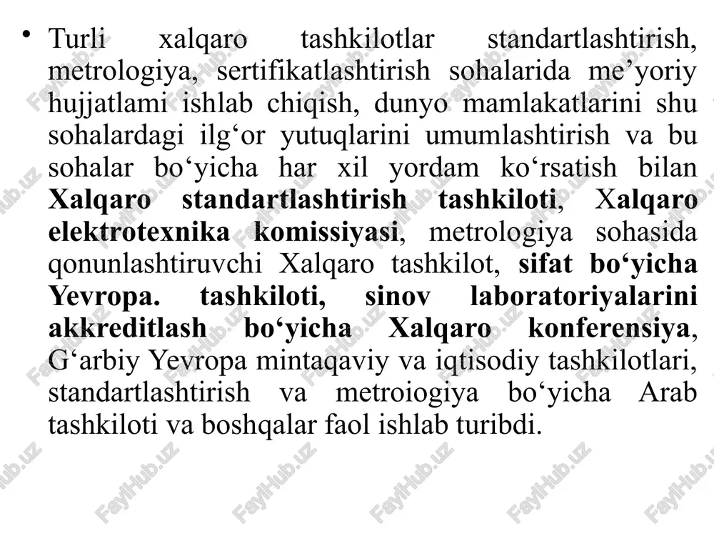11 va 10012 raqamli standartlarni ko‘rsatish mumkin. iso 9000 seriyali standartlarning qisqacha tavsifi. iso 9000 seriyali standartlar – sifat menejmenti tizimini yaratish bo‘yicha xalqaro standartlar turkumi bo‘lib hisoblanadi. iso 9000 turkumli standartlari asosini to‘rtta standart tashkil etadi va bular quyidagilar: iso 9000 – standarti, atamalar va shu bilan birga sifat menejmenti kontseptsiyasi; iso 9000 standarti sifatni boshqarish bo‘yicha standartlar tizimi yoki iso 9000 standartlar oilasida qo‘llaniladigan bir qancha fundamental atamalarni ta’riflab, standartlarni anglash uchun asos qilib olingan holati bo‘lib hisoblanadi. iso 9001 standarti sifatni boshqarish tizimiga, ya’ni mahsulot yaratishda sizning layoqatingizni namoyish qilishga imkon berish, qo‘llanilayotgan me’yoriy hujjatlar va iste’molchilarni qondiruvchi talablarni o‘rnatadi. iso 9004 standarti barcha qiziquvchi tomonlar kutishini va ehtiyojlarni bajarish shaklida, sifatni boshqarish tizimini doimiy yaxshilash bo‘yicha qo‘llanmani taqdim etadi. bu qiziquvchi tomonlarga iste’molchi va foydalanuvchilarni, korxona xodimlari rahbarlari va direktorlar, mulkdorlar va hissadorlar hamda jamiyat tushuniladi. iso 9001 va iso 9004 standartlari juft standartlarni tashkil etib, …