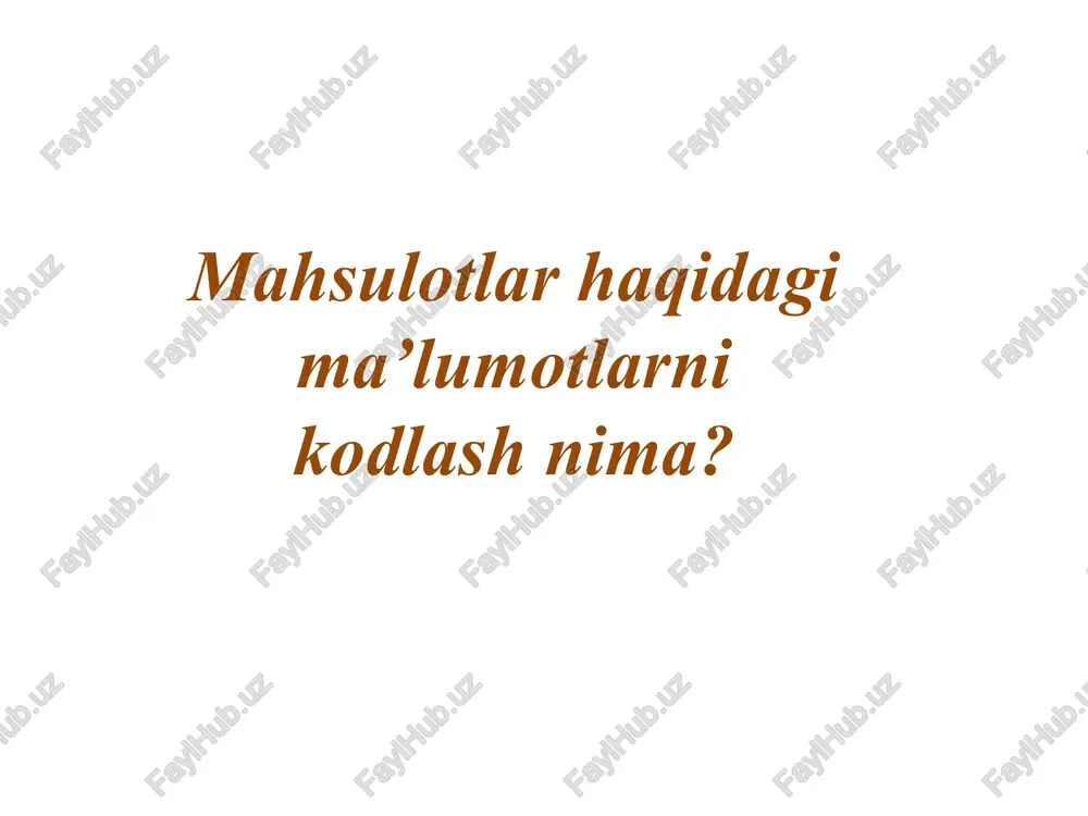 lreanenyna «(489 mexcnka [750 jonnnanann [64 jreatemana ‘(740-745 [monacea 84 fopanuna [30-37 [repmanna 400-440 [hnaepnanasi [87 (opeatna (385 jronaypac [740-745 [hosan 3enanans|94 exis igs iroeuns [520 hopeeraa [70 enn [780 [aanua 57 [navama [740-745 |weeruapa [76 spans, [729 inaparean [784 lweeuna [73 xaua [gs0 inepy [775 bcronma 474 |txaoneann (899 [onswa [590 l}oxnan kopea8a0 vpnanana [539 ropryranna [560 oar (600-603, |cnatns: ipa poccna la60 inohaa lao iranns [g0-83 [pyne [594 994102! ii il |. croc 33258 = | | | ooo o behipua 6052461005909 | ooo o huqepnahabi 7108951920186 {| oo o weenyapna ‘20097"n9 3n47400"13051'98 /docprops/thumbnail.jpeg ‘maviu: mabsulotvaximatla sfatinita'msinlashda ‘ovarlani markalash va shri kodlsh raja l.mabsulotlar hagidagi —ma'tumotlarai kkodlash. 2.o‘zbekiston respublikasida sherivli kodlash ‘zim