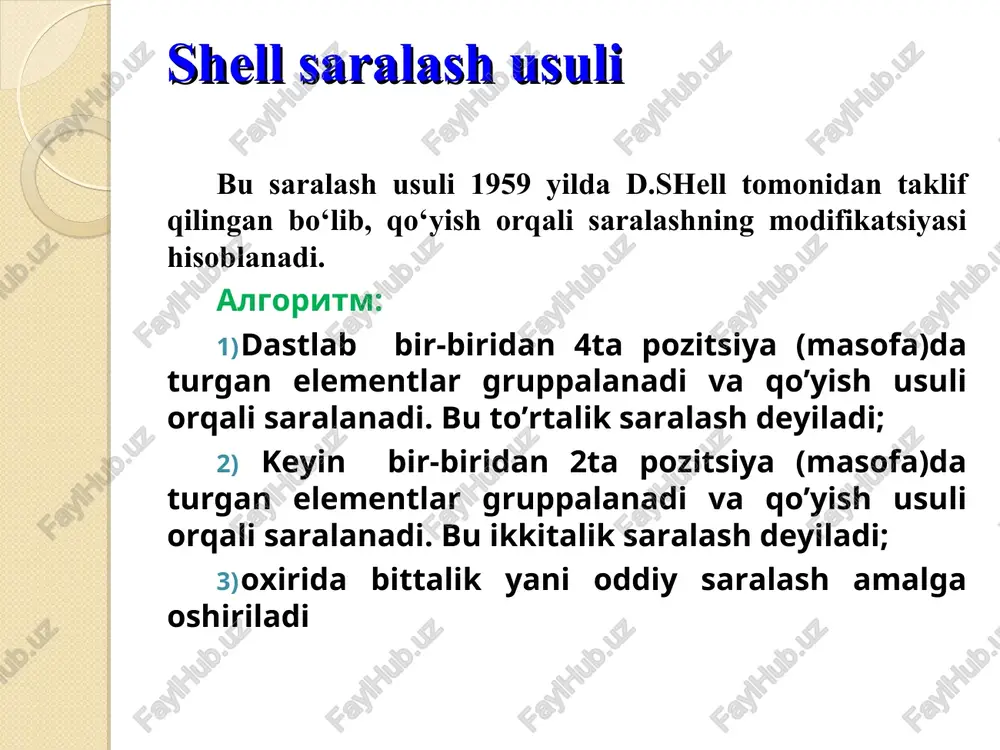 n) operatsiya bajaradi piramidasimon saralash piramidasimon saralash piramida  i uchun (ai ≥ a2i ) (ai ≥ a2i +1 ) piramidani massiv ko‘rinishida tasvirlab olish maqsadga muvofiq bo‘ladi. def. piramida deb balandligi k bo‘lgan shunday binar daraxtga aytiladiki, bunda k-1 daraxt ideal muvozanatlangan; k-1 bosqich to‘la, k bosqich esa chapdan o‘nga tomon to‘latiladi. * piramida qurishga misol algoritm 1. boshlang‘ich ketma-ketlikdan piramida shaklantiriladi. 2. kirish va tayyor ketma-ketlik bitta massivda saqlanadi. piramida boshini olamiz va tayyor ketma-ketlikka joylashtiramiz. keyin qolgan elementlar uchun piramidani tiklaymiz. mazkur jarayon barcha elementlar tugaguncha davom etiladi. chiqish qadam qadam qadam qadam qadam * piramidani saralash almashtirish almashtirish almashtirish almashtirish shakllantirish shakllantirish shakllantirish shakllantirish * almashtirish shakllantirish almashtirish shakllantirish almashtirish shakllantirish almashtirish shakllantirish almashtirish samaradorlik: t(n)=o(nlogn) * tez saralash (quicksort) bu usul ingliz informatigi charlz xoar (charlz xoar) tomonidan 1960 yilda moskva universitetida kompiyterda electron tarjima qilish bo’yicha o’qiyotganida, rus-ingliz so’zlashgichini ishlab chiqayotganida taklif etilgan. bu …