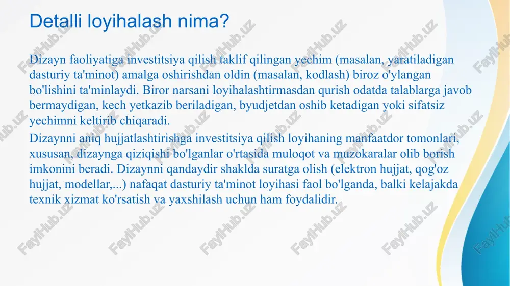 sdd bo'limlari va namunalar jadvali: amalga oshirishni boshqarish ushbu faoliyatning asosiy maqsadi talablarga javob beradigan dasturiy ta'minot dizaynini yaratishdir. yana bir muhim maqsad - dizaynning aniq tavsiflanganligini ta'minlash, shuning uchun u barcha manfaatdor tomonlar o'rtasida etkazilishi mumkin. mantiqiy asos yechimni amalga oshirishdan oldin uni to'g'ri ishlab chiqishga investitsiya qilish, uning belgilangan talablarga javob berishi va loyiha o'z vaqtida, byudjet doirasida va tegishli sifat natijasi bilan yakunlanishi ehtimolini oshiradi. dasturiy ta'minot arxitekturasi, ayniqsa, "funktsional bo'lmagan talablar" yoki "sifat atributiga bo'lgan talablar" deb ataladigan, unumdorlik, xavfsizlik, xizmat ko'rsatish imkoniyati, kengayish qobiliyati va boshqalar kabi tizim bo'yicha notrivial talablar mavjud bo'lsa, ayniqsa muhimdir. arxitektura detalli dizaynni kerakli darajada cheklaydi. butun tizimli xossalar olinadi. dasturiy ta'minot arxitekturasining elementlari dasturiy ta'minot loyihasining asosiy qurilish bloklari, odatda quyi tizimlar, asosiy komponentlar, modullar va boshqalar. amalga oshirishni boshqarish rollar: -- tahlilchi -- dizayner -- texnik rahbar artefaktlar: -- dizayn diagrammalari qadamlar 1. joriy loyiha rejasiga muvofiq ishchi …