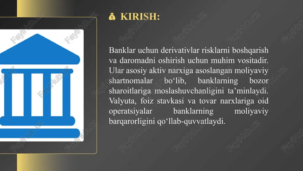 oki tovarlarni bitimda qayd etilgan narxda belgilangan muddatda xarid qilish huquqini beradi. asosiy turlari quyidagilar: xarid qilish boʻyicha opsion (option call) kelajakda bitimda belgilangan shartlarda bazis aktivini sotib olish huquqini beradi; sotish boʻyicha opsion (option put) oʻz egasiga kelajakda bazis aktivini bitim shartlariga muvofiq sotish huquqini beradi. derivativ vositalar va bank amaliyotida ularning qo‘llanilishi derivativlar bank amaliyotida risklarni boshqarish va moliyaviy barqarorlikni ta'minlash uchun keng qo'llaniladi. ular valyuta, foiz stavkasi, tovarlar va boshqa aktivlar bo'yicha kelajakdagi narxlar yoki stavkalarni oldindan belgilash imkonini beradi. banklar uchun derivativlar orqali ular mijozlar va o'zlarining moliyaviy pozitsiyalarini himoyalash imkoniyati mavjud. masalan, valyuta uchun forward va swap operatsiyalari, shuningdek, options va futures instrumentlari keng tarqalgan amaliyotda, banklar derivativlardan risklarni diversifikatsiya qilish, daromadlarni oshirish va muayyan moliyaviy majburiyatlarni boshqarish uchun foydalanadi. masalan, markaziy banklar va tijorat banklari muhim strategiyalarni amalga oshirishda bu vositalardan foydalanadilar. banklar derivativlardan quyidagi maqsadlarda foydalanadi: xedj qilish (riskdan himoya) spekulyatsiya arbitraj likvidlikni …