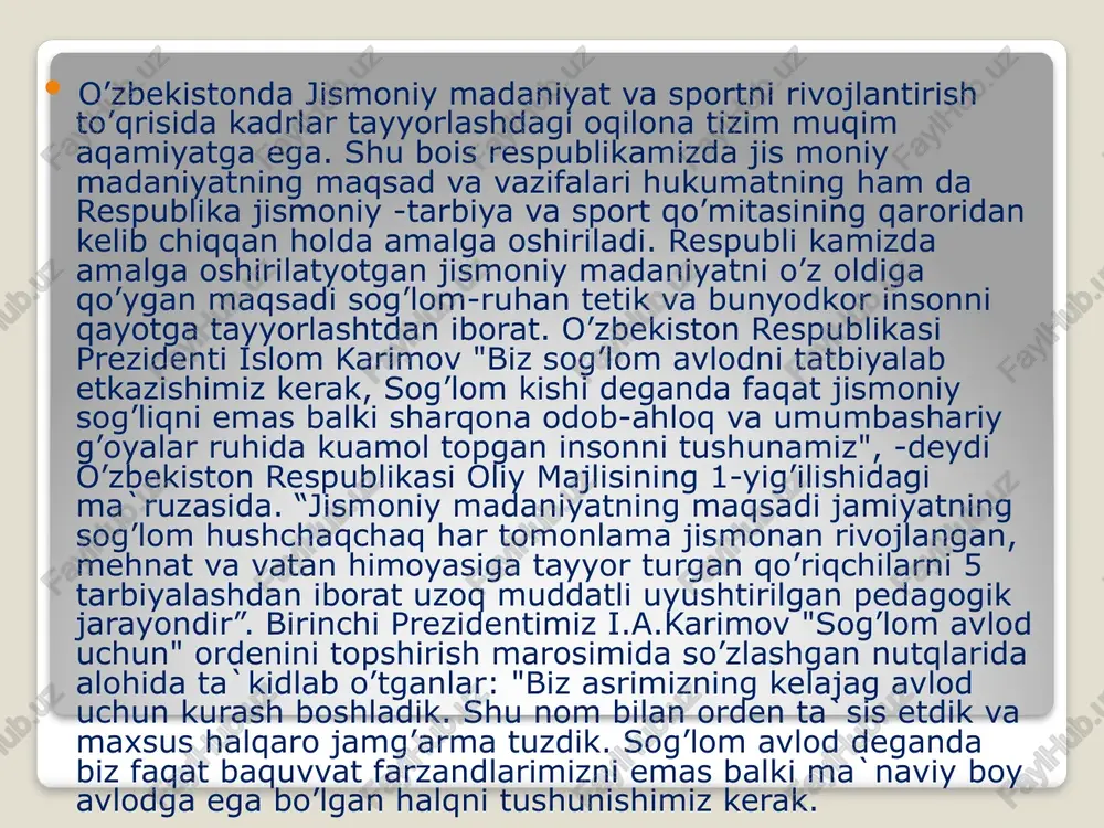 oa nomzodi haqida to`liq ma`lumot bera olmaydi. unda yosh futbolchi xarakteriga hos bo`lgan xususiyatlar xaqidagi ma`lumotlar qsiqa va aniq ko`rsatilishi lozim. uning jamoaga aralashishni mehnatsvarigi tirishqoqligi sifatlarini qiyin vaziyatlarda yordamga kelishi va boshqalar. o`z darvozasini qo`riqlashda o`rin almashish xujumda o`z o`rnini topish texnik taktik jihatdan ustalik o`yin davomida kuchini taqsimlay olish qobiliyati . bu bo`limda yosh futbolchining o`yin olib borishidagi uslubi va shaxsiy xarakteristikasiga juda aniq baho berish lozim aks holda terma jamoa raxbarlari bu sportchi haqida to`g`ri ma`lumotnoma ega bo`lmasliklari mumkin shunday qilib “yosh futbolchining shaxsiy passporti” respublika va mamalakat terma jamoalariga nomzodlar uchun dastlabki unifikatsiyalashtirilgan hujjatlardir. 1.1.futbol bo`yicha mahsus sinf o`quvchilarining o`quv mashg`ulotlarini rejalashtirish va tashkil etish futbol bo`yicha maxsus sinflar umumta`lim maktablari bazasida ochiladi, ularda quyidagilar nazarda tutiladi. moddiy sport bazasi o`nga yaqin joyda bo`lishi kerak. aholi yashaydigan joyga yaqin bo`lishi toki o`quvchilaring maktabga kelishlari va uyga qaytishlari uchun vaqt kam ketishi lozim. kuni uzaytirilgan gruppalar bilan …