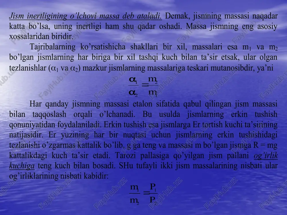 uchlarning teng ta’sir etuvchisiga tug’ri proporsional bo’ladi, ya’ni a ~ f (m = sonst) (3.1) agar turli massali jismlarga bir xil kuch ta’sir etsa, jismlar olgan tezlanishlar turlicha bo’ladi. jismlar massalari qancha katta bo’lsa, ular olgan tezlanishlar shuncha kichik bo’ladi. (3.2) 3.1 va 3.2 tengliklardan (3.3) yozamiz. 3.3 - tenglik nyutonning ikkinchi qonunini ifodalaydi. bu ifodaga ko’ra, jism olgan tezlanish kuchga to’g’ri, jism massasiga teskari proporsional bo’ladi. nyutonning ikkinchi qonuni inersial sanoq sisitemasi uchun o’rinlidir. birinchi qonun nyuton ikkinchi qonunining xususiy xoli sifatida qaraladi. massa markazi. massa markazining harakati xaqidagi teorema. ko’p hollarda bir necha jism (moddiy nuqtalar)dan iborat mexanikaviy tizimning harakat qonunlarini o’rganish bilan ish ko’rishga to’g’ri keladi. bunday tizimning harakat qonunlarini o’rganishda mazkur tizm tarkibidagi jismlarning unda qanday taqsimlanganligini yoki bu jismlar bir-biriga nisbatan tizimda qanday joylashganligini bilish zaruriyati tug’iladi. shu munosabat bilan inersiya markazi (massa markazi) degan tushuncha (inersiya markazi va massa markazi atamalari aynan bir ma’noda …