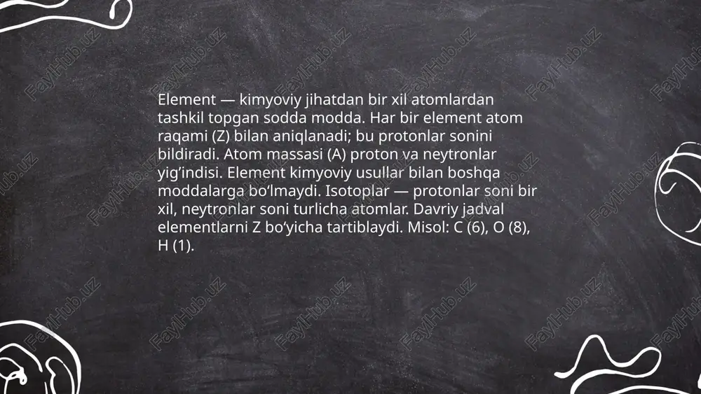 1 (gidridlarda −1). molekula yigʻindisi neytral boʻlsa 0; poliatom ion yigʻindisi ion zaryadiga teng. misollar: fe +2, fe +3, so4^2− ichidagi s +6. kimyoning asosiy tushunchalari 112- guruh suyundiqov xurshid e'tiboringiz uchun raxmat! image1.png image2.png image3.png /docprops/thumbnail.jpeg