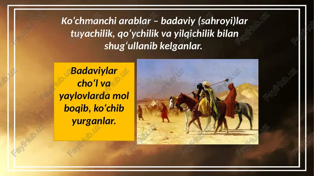 uroson mustaqillikka erishadi. abbosiylar qo‘lida yaqin sharq va arabiston yarimoroli qoladi. mo‘g‘ul xoni xuloku 1258-yilda bag‘dodni egallagandan so‘ng, arab xalifaligi barham topadi. mo‘g‘ul xoni xuloku savol va topshiriqlar 1. xalifalikning dastlabki 20 yillik tarixidan o‘qigan va bilganlaringizni so‘zlab bering. 2. xaritadan arablar istilo qilgan mamlakatlarni ko‘rsating. 3. xalifalikka kirgan noibliklarda qanday soliqlar joriy etilgan? ulardan qaysilari avval ham bo‘lgan? 4. arablarga qarshi xalq qo‘zg‘olonlari bo‘lgan joylarni ko‘rsating va ularning sabablarini ayting. image1.jpg image3.jpeg image4.jpeg image5.jpeg image6.png image7.jpeg image8.jpeg image9.jpeg image10.jpeg image11.jpeg image12.jpeg image13.emf image14.jpeg image15.jpeg image16.jpeg image17.png image18.jpeg image19.jpeg image20.emf image21.jpeg image22.emf image23.emf image24.jpeg image25.jpeg image26.jpeg image27.emf image28.jpeg image29.jpeg image30.jpeg image2.png “pro.net. /docprops/thumbnail.jpeg o’rta asrlar boshida