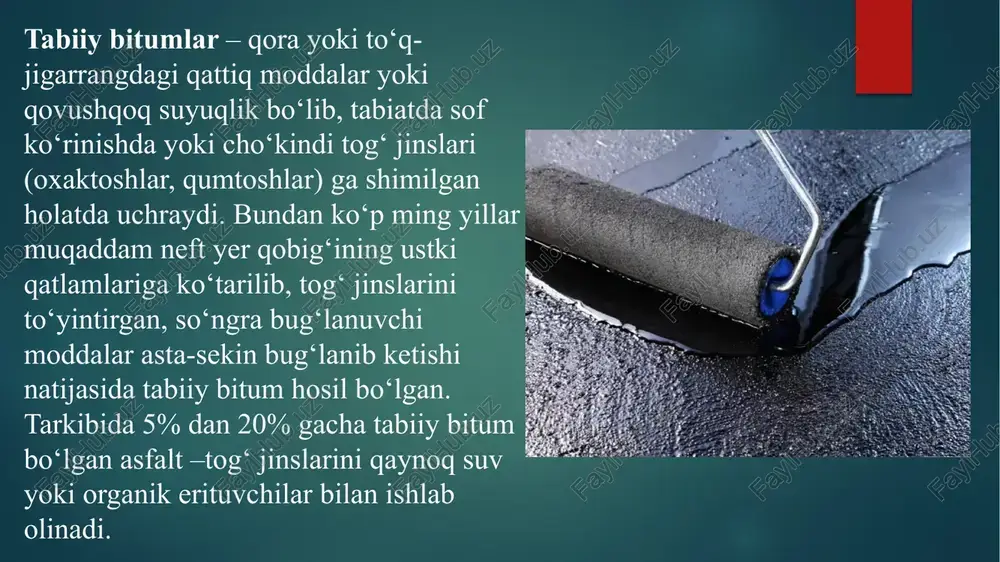 materiallari, yog‘och materiallari va metallar bilan puxta tishlashish xususiyatiga ega, lekin organik erituvchilarda eriydi, ishlash sharoitlarida quyosh nuri va havo kislorodi ta’siri ostida eskiradi, natijada qattiqligi va murtligi ortadi qatronli bog‘lovchilar. qatronli bog‘lovchilar kimyo zavodlarida qattiq yoqilg‘i (toshko‘mir, qo‘ng‘ir ko‘mir, yonuvchi slanetslar va boshqalar) ni qayta ishlashda qo‘shimcha maxsulot sifatida olinadi. organik bog‘lovchilarning bu guruxidan qurilishda ko‘pincha toshko‘mir qatroni va toshko‘mir peki (gollandcha pek-smola) ishlatiladi. toshko‘mir qatroni – o‘ziga xos fenol va naftalin xidli, rangi qora yoki qo‘ng‘ir moysimon qovushqoq suyuqlikdan iborat. toshko‘mir qatronini xom holatda qurilishda ishlatib bo‘lmaydi, chunki tarkibida suv va uchuvchi fraksiyalar bo‘ladi. qizdirish yo‘li bilan xom qatrondan suv chiqarib yuboriladi, so‘ngra yengil va o‘rtacha moylar ajratib olinadi, buning natijasida xaydalgan qatron olinadi, uni qurilishda ishlatish mumkin. foydalanilgan adabiyotlar https://uz.m.wikipedia.org/wiki/bog%ca%bblovchi_materiallar https://fayllar.org/2-mavzu-organik-boglovchi-materiallar-haqida-umumiy-tushunchal.html image6.jpeg image7.jpeg image8.jpeg image9.jpeg image10.jpeg image2.png image3.png image4.png image5.png oa? /docprops/thumbnail.jpeg organik bog‘lovchilar asosidagi materiallar