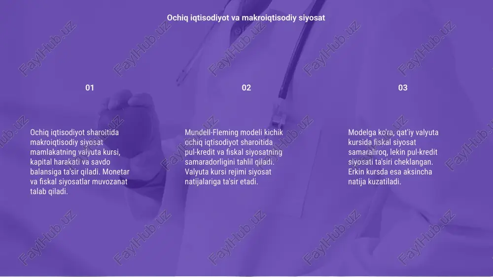 langan kurs rejimlari mamlakat iqtisodiy strategiyasiga muhim ta’sir ko‘rsatadi. 01 ochiq iqtisodiyotda makroiqtisodiy siyosat xalqaro savdo va to‘lovlar balansiga ta’sir qiladi. bu siyosat mamlakatning valyuta kursi va kapital harakatlarini shakllantiradi. 02 mundell-fleming modeli ochiq iqtisodiyot sharoitida fiskal va monetar siyosatning samaradorligini tahlil qiladi. model almashinuv kursi va kapital harakatlariga asoslanadi. 03 xalqaro savdo va to‘lovlar balansi ochiq iqtisodiyot barqarorligi uchun muhimdir. kapital oqimlari va eksport-import jarayonlari balansni ta’minlashda asosiy rol o‘ynaydi. xalqaro savdo va to'lovlar balansi ochiq iqtisodiyotda makroiqtisodiy siyosat mamlakatning savdo va investitsiya munosabatlariga ta’sir qiladi. bu siyosat pul-kredit va fiskal choralar orqali iqtisodiy barqarorlikni ta’minlaydi. mundell-fleming modeli xalqaro kapital harakati sharoitida siyosat samaradorligini tahlil qiladi. bu model yalpi talab va valyuta kursining iqtisodiy ta’sirini tushuntiradi. amaliyotda mundell-fleming modeli ochiq iqtisodiyotga ega mamlakatlar uchun muhim vositadir. u pul va fiskal siyosat o’zgarishlarining natijalarini tahlil qilishga yordam beradi. mundell-fleming modeli amaliyotda e’tiboringiz uchun rahmat image1.png image2.png image3.png image4.gif image5.png image6.png …