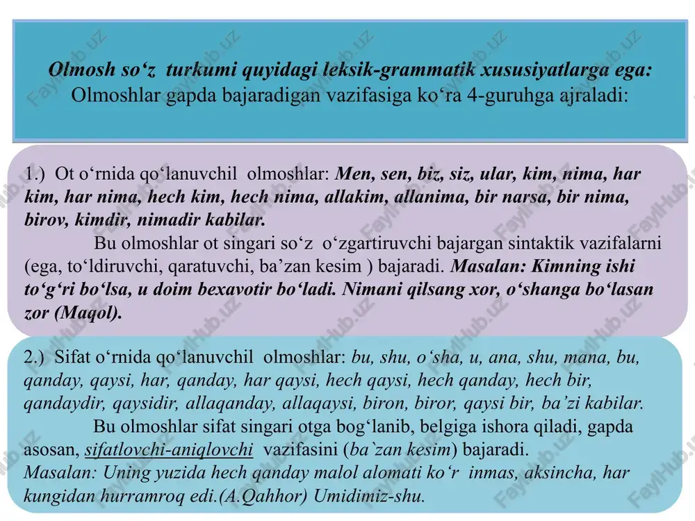 a qiladi, qaysi so`rog`iga javob bo‘ladi. masalan: ellik sentnerchilar harakatini shu brigada boshlab berdi. men ana shu so`qmoqdan yursam ham bo‘ladi.(a.qahhor). 3. so‘roq olmoshlari shaxs, predmet, belgi, miqdor haqida so`roqni bildiradi yoki noma`lum shaxsni ko‘r satadi. so`roq olmoshlariga: kim, nima, qanday, qanaqa, qaysi, nechta, qancha singari olmoshlar kiradi. 4. belgilash olmoshlari shaxs, predmet, uning belgisi, miqdorini jamlab yoki umumlashtirib ko‘r satadi. belgilash olmoshlariga hamma, barcha, bari, har qanday kabilar kiradi. bu olmoshlardan hamma, barcha, bari kabi olmoshlar predmet yoki belgini jamlab ko‘r satadi. ba’zi olmoshi to`daning, jamlikning qismini ko‘r satadi. har, har kim, har nima, har bir, har qanday, har qaysi, har qancha kabi belgilash olmoshlari i shaxs predmet, belgilarni yakka ajratib ko‘rsatadi. 5. bo‘lishsizlik olmoshlari mutlaqo mavjud emaslik ma`nosi orqali ifodalangan predmet, belgi yoki miqdorni umumlashtirib ko‘r satadi. bo‘lishsizlik olmoshlariga hech kim, hech narsa, hech qanday, hech qaysi kabilar kiradi. demak, bo‘lishsizlik olmoshlari hech so`zidan so`ng so`roq olmoshlarini hamda …