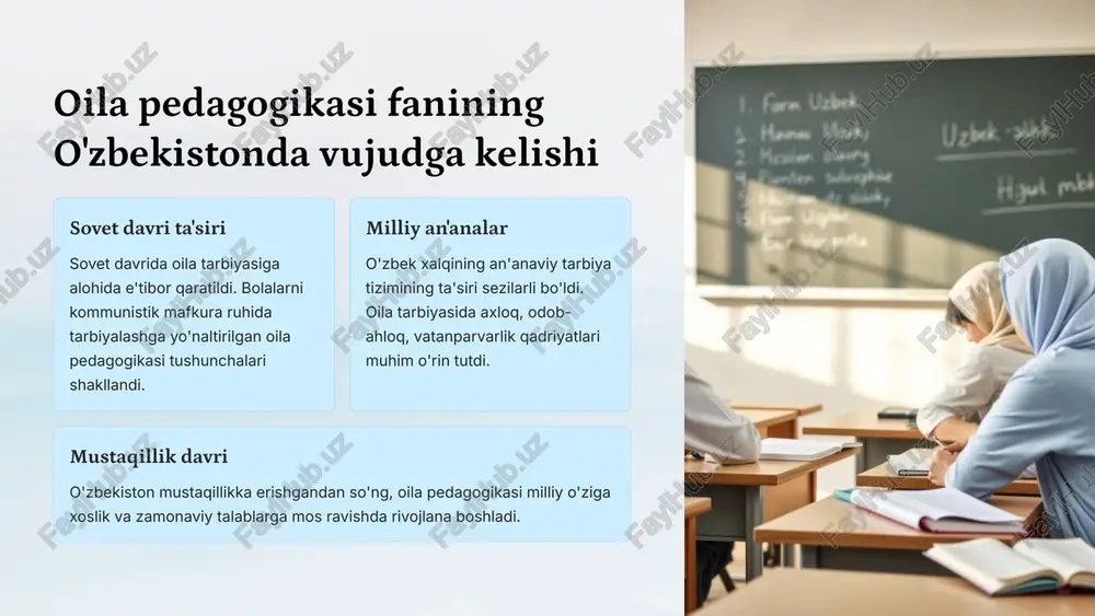 nalishlar bu yo'nalish oila pedagogikasi fanining nazariy asoslarini, tushunchalarini, prinsiplarini va uslublarini chuqur o'rganishga qaratilgan. amaliy yo'nalishlar bu yo'nalish oila pedagogikasi nazariyasini amaliyotga tatbiq etish, ota-onalarga bolalarni tarbiyalashda yordam berishga qaratilgan. 8 oila pedagogikasi fanining amaliy ahamiyati 1 oilaviy munosabatlarni mustahkamlash ota-onalar va bolalar o'rtasidagi o'zaro tushunish va hurmatni rivojlantirish, oilaviy muhitni yaxshilash. 2 bolalarni tarbiyalashda samarali usullar bolalarni shaxsiyat sifatida shakllantirishda yordam beradigan amaliy ko'nikmalar va bilim olish, tarbiya uslublarini takomillashtirish. 3 ijtimoiy muammolarni oldini olish bolalarning jinoyatchilik, giyohvandlik, qaramlik kabi xavfli vaziyatlardan uzoq bo'lishiga hissa qo'shish. 4 sog'lom jamiyatni shakllantirish oila muhitini yaxshilash orqali jamiyatda sog'lomlik va barqarorlikka hissa qo'shish. 9 xulosa va tavsiyalar 1 oilaviy munosabatlarni mustahkamlash o'zaro hurmat va tushunish. 2 bolalarni tarbiyalashda samarali usullar sabr-toqat va muloqot. 3 ijtimoiy muammolarni oldini olish bolalarni ogohlantirish. 4 sog'lom jamiyatni shakllantirish oilaviy qadriyatlar. 10 image-1002-1.png image-1002-2.png image-1-1.png image-1003-1.png image-1003-2.png image-1004-1.png image-1004-2.png image-3-1.png image-1005-1.png image-1005-2.png image-4-1.png image-1006-1.png image-1006-2.png image-5-1.png …