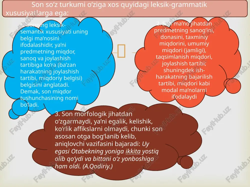 n ishlatiladigan hisob so‘zlari: gramm, kilogramm, tsentner, tonna kabi. eski o‘zbek tilida misqol, qadoq, botmon kabi otlar og‘irlik miqdorini hisoblash uchun ishlatilgan: namangan va andijon tumanlarida ikki ming botmongacha er sug‘ orilar edi. (a.qodiriy)  5. uzunlik o‘lchovi uchun ishlatiladigan hisob so‘zlari: millimetr, santimetr, metr, kilometr, qadam, qarich, quloch kabi. bu hisob so‘zlarining gaz, tanob, tosh, chaqirim kabi sinonimlari mavjud bo‘lib, hozir bu so‘zlar arxaiklashgan hisob so‘zlari sanaladi. 6. suyuqlik hajmini ifodalovchi hisob so‘zlari: litr, kosa, stakan, piyola, qoshiq, xo‘plam, hovuch, chelak kabi.  7. pul qiymatini ifodalovchi hisob so‘zlari: tiyin, so‘m, dollar kabi. tanga, chaqa, tilla so‘zlari ilgari pul qiymatini hisoblash uchun ishlatilgan bo‘lib, hozirgi kunda arxaik so‘zlar qatoridan o‘rin olgan: solix mahdum ... bir tangalik go‘sht, sakkiz pullik piyoz olib hovliga kirdi (a.qodiriy). 8. vaqt o‘lchovi uchun ishlatiladigan hisob so‘zlari: asr, yil, oy, hafta, sutka, kun so‘zlari hamda sutkaning bo‘laklarini ifodalovchi soat, daqiqa, minut, sekund kabi so‘zlar kiradi. …
