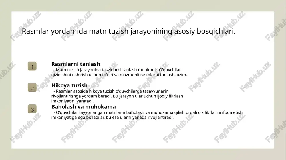 ash va eslab qolish imkoniyatini oshiradi. bu, o'quvchilarga konseptlarni birlashtirishga yordam beradi. o'qitish metodlarida rasm va matnni birlashtirish, o'quvchilarning ijodiy fikrlash qobiliyatini rivojlantirishga xizmat qiladi va til ko'nikmalarini mustahkamlaydi. hikoya tuzish metodlari: rasmlar orqali tasavvur yaratish. rasmlar orqali hikoya tuzish metodlari o'quvchilarga tasavvur va ijodkorlikni rivojlantirishda muhim rol o'ynaydi. ushbu usul yordamida, o'quvchilar rasmdagi detallarni o'rganib, o'z hikoyalarini yaratishlari mumkin. bu metod vizual materiallardan foydalanib, til va savodxonlik ko'nikmalarini mustahkamlashga yordam beradi. - o'quvchilar rasmlar asosida o'z fikrlarini ifoda etadilar. - ular hikoyalarini yaratishda ijodiy yondashuvni qo'llaydilar. - bu usul, uzbek ta'limida keng qo'llaniladi. photo by shubham dhage on unsplash ona tilida vizual materiallardan foydalanishning ahamiyati. 1 vizual materiallar ahamiyati vizual materiallar ona tilida o'qitishda o'quvchilarning diqqatini jalb qilish va tushunishni yengillashtirishda muhim rol o'ynaydi. 2 kreativ fikrlashni rivojlantirish rasmlar orqali hikoyalar yaratish, o'quvchilarning kreativ fikrlash qobiliyatini oshirib, ularni o'z fikrlarini erkin ifoda etishga undaydi. 3 milliy madaniyatni saqlash ona …
