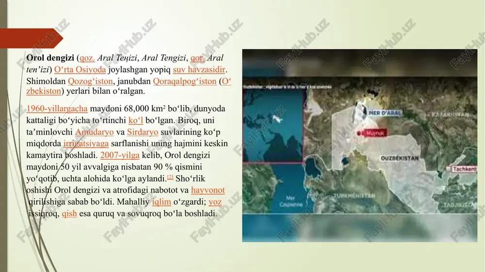 ekin maydonlarining kengaytirilishi, amudaryo va sirdaryo suvlarining sugʻorishga ishlatilishi tufayli keskin kamaya boshlagan. oʻtgan 40 yildan koʻproq vaqt davomida orol dengizining maydoni deyarli 4-marta, suv sathi 1,8-marta, undagi suv hajmi 9-martaga yaqin kamaydi. dengiz suvining shoʻrlanishi 9-10 g/l dan 70-84 g/l gacha ortdi. hozirgi kunda dengiz chuqurligining kamayishi yiliga 80-110 sm ni tashkil etadi. oʻtgan 40 yil mobaynida qirgʻoq chizigʻi 80–100 km pasaygan. buning oqibatida 4,5 mln gektardan oshiqroq dengiz tubi ochilib qoldi. hozirgi kunda orol dengizi uch qismga boʻlinib ketgan. uning sayoz kichik shimoliy qismining suvi kuchsiz minerallashgan (8-13 g/l), birmuncha kattaroq sayoz sharqiy qismi ancha kuchli shoʻrlangan (68-72 g/l). orol dengizi asosan amudaryo va sirdaryodan suv oladi. soʻngi yillarda sirdaryo suvi suv omborlarini toʻldirishga va sugʻorishga foydalanilishi tufayli orol dengiziga etib bormaydigan boʻldi. amudaryo va uning irmoqlarida suv omborlari qurilib, koʻp miqdordagi suv kanallar orqali ekin dalalariga oqiza boshlandi. buning oqibatida zarafshon, surxondaryo va qashqadaryo amudaryoga etib bormaydigan …