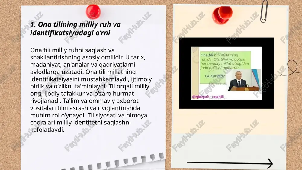 al matnlar va ona tili pedagogikasi madaniy merosni muhofaza etadi hamda milliy birlik va identifikatsiyani mustahkamlaydi. ... t.me/slaydai_bot leksika va terminologiya ona tili asosida milliy fikrni ifodalaydi, ilmiy taraqqiyotga atroflicha xizmat qiladi. leksika madaniy meros, tarixiy obraz va xalq dunyoqarashini saqlaydi. terminologiya fanlarni standartlashtirib, izchil kommunikatsiya va ilmiy axborot almashinuvini taʼminlaydi. neologizmlar, transkripsiya va termin tayyorlash milliy tildagi ilmiy soʻz boyligini oshiradi. terminologiya komissiyalari, lugʻatlar va taʼlim dasturlari ilmiy tilni rivojlantirishda muhim vazifa oʻtaydi. ona tili millat ruhi toĝayeva orzugul e'tiboringiz uchun raxmat! image1.jpg image2.png image3.jpg image4.jpg image5.jpg image6.jpg image7.jpg 1.a.karimov /docprops/thumbnail.jpeg