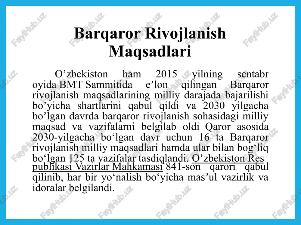 image9.png image10.png image11.png image12.png image13.png image14.png image15.png image16.png bargaror rivojlanish maqsadlari gus “ae kashfiyotchi shirkat bmt mamlakat 193 ta a'z0 mamlakatlar mavjudligi 2015-yil25-sentabr rasmiy veb- _hitps:/sustainabledevelopmen sayti tun.orgisdgs 2 hamma joyda kambag‘allikning barcha shakllarigabarham berish; ocharchitikka barham berish, oziq-ovaat (wut) xavfsizligini ta’minlash, ovgatlanishni w yaxshilash va qishloqxo‘jaliginingbarqa ror rivojlanishiga ko‘mak berish; barcha uchun har qanday yoshda sog‘lom turmush tarzini ta’minlash va farovonlikka ko‘maklashish: barchani qamrab olgan ya adolatli sifatli 4 ta’limni ta’minlash hamda barcha uchun butun umr davomida ta’lim olish imkoni- yatini qgo‘llab-quvvatlash: gender tenglikni ta’minlash hamda barcha ayollar va qizlarning huquq va imkoniyat- larini kengaytirish; barcha uchun suv resurslari ya sanitariya- ning bo‘lishini va ulardan samarali foydalanilishini ta’minlash: barcha uchun qimmat bo‘imagan, ishonchli, barqaror 7 va zamonaviy energiya manbalaridan foydalanish imkoniyatini yaratish: so‘zsiz, barchani qgamrab oluvchi va bargaror iqtisodiy 8 o‘sishga, barcha uchun to‘liq va samarali bandlik va munosib ish ta’minotigako‘maklashish; mustahkam infratuzilmani yaratish, barchani gamrab oluvchi va bargaror …
