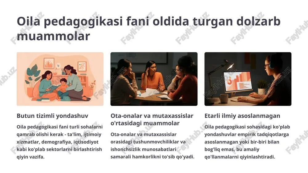 ila, ta'lim va jamiyat o'rtasidagi hamkorlikni mustahkamlash. 7 oila pedagogikasining ijtimoiy-iqtisodiy asoslari 1 iqtisodiy barqarorlik oilalarning iqtisodiy farovonligi oila pedagogikasining asosiy tayyorgarlik jarayonlarini qo'llab-quvvatlaydi. 2 ijtimoiy himoya davlat tomonidan oilalar va bolalar uchun davr talablariga moslashgan ijtimoiy qo'llab-quvvatlash tizimi yaratilishi muhim. 3 sog'lom turmush tarzini qo'llab-quvvatlash oilada sog'lom ekologik muhitni, jismoniy va ma'naviy sog'liq madaniyatini rivojlantirish muhim. 4 ro'yxatdan o'tish va statistik hisobot oila haqidagi ma'lumotlar to'liq va o'z vaqtida yig'ilishi, statistik tahlil va prognoz qilish uchun asos bo'ladi. 8 oila-ta'lim-jamiyat munosabatlari tizimida oila pedagogikasi 1 oila bolaning ilk ta'lim olish joyi 2 ta'lim oilada olingan bilim va ko'nikmalar mustahkamlash joyi 3 jamiyat oila pedagogikasining ijtimoiy-iqtisodiy va huquqiy asoslari oila pedagogikasi jamiyatning asosiy strukturaviy tarkibiy qismi bo'lib, oila, ta'lim va jamiyat munosabatlari tizimini o'rganadi. oilada olingan bilim va ko'nikmalar maktablarda mustahkamlange shu bilan birga, jamiyatning ijtimoiy-iqtisodiy va huquqiy asoslari oila pedagogikasini belgilaydi. 9 oila pedagogikasi fani sohasidagi kadrlar tayyorlash tizimi …
