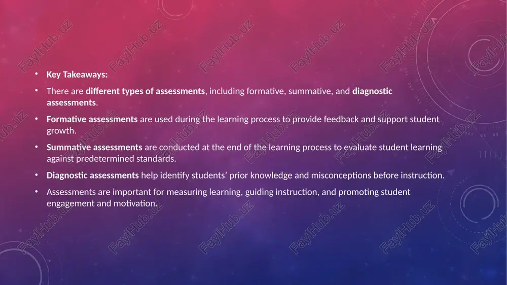 , educators can optimize student outcomes and create a more effective and supportive learning environment. image2.png image3.png image4.jpeg image5.jpeg eh — formative summative purpose purpose ‘monitors progress and provides: measures overall performance teedback on work submitted note: some.can, ‘and understanding be both ting ey ees timing during teaming process, | can besubmitted periodically often at ‘often monthly or quarterly forfeedtack the end of the year or term ow ni tseseed for thtiaade, student view ‘standardised assessment. sums up achievement and for orall of their final grade enhances performance, allowing, students to make the most of feed- back before submitting final work examples weekb/monthly quizzes mid or end of term exams draft essay/proposas or plans / final essays reports o essignments peer or self acessments projects or portfolios ‘caseroom pols dissertations /docprops/thumbnail.jpeg