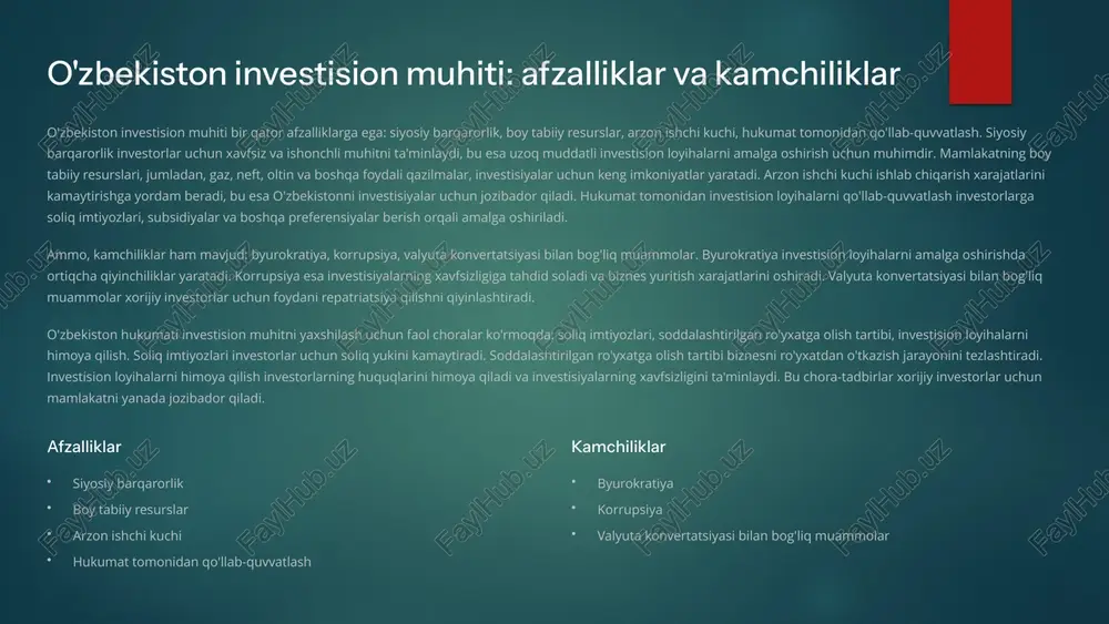 qiyinlashtiradi. o'zbekiston hukumati investision muhitni yaxshilash uchun faol choralar ko'rmoqda: soliq imtiyozlari, soddalashtirilgan ro'yxatga olish tartibi, investision loyihalarni himoya qilish. soliq imtiyozlari investorlar uchun soliq yukini kamaytiradi. soddalashtirilgan ro'yxatga olish tartibi biznesni ro'yxatdan o'tkazish jarayonini tezlashtiradi. investision loyihalarni himoya qilish investorlarning huquqlarini himoya qiladi va investisiyalarning xavfsizligini ta'minlaydi. bu chora-tadbirlar xorijiy investorlar uchun mamlakatni yanada jozibador qiladi. afzalliklar siyosiy barqarorlik boy tabiiy resurslar arzon ishchi kuchi hukumat tomonidan qo'llab-quvvatlash kamchiliklar byurokratiya korrupsiya valyuta konvertatsiyasi bilan bog'liq muammolar 3 investision loyihalarni baholash usullari investision loyihalarni baholash uchun turli usullar qo'llaniladi: sof hozirgi qiymat (npv), ichki daromadlilik normasi (irr), qoplash muddati (payback period). npv loyihaning rentabelligini, irr esa investisiyalarning daromadliligini ko'rsatadi. qoplash muddati investisiyalarning qancha vaqt ichida qoplanishini aniqlashga yordam beradi. loyihani baholashda, shuningdek, risklarni va noaniqlikni ham hisobga olish kerak. har bir usulning afzalliklari va kamchiliklari mavjud, shuning uchun ularni birgalikda qo'llash tavsiya etiladi. npv sof hozirgi qiymat. loyihaning barcha kelajakdagi …