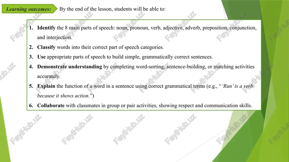 organizational moment -to greet students. - to check up the register 5 min 2 explaining new theme - to explain to pupils new vocabulary and theme 20 min 3 consolidating new theme. - to consolidate new theme and new words of the theme. 10 min 4 marking. - to mark pupils 5 min 5 homework. - giving homework. 5 min procedure of the lesson: 🕒 organizational moment: 1. greeting the students “good morning, class! how are you today?” encourage brief responses to start using english early. 2. checking attendance mark the attendance and note any absentees. 3. setting the mood for the lesson say something like: “today we’re going to learn something very important for building strong english sentences — parts of speech!” 4. creating motivation ask a quick warm-up question: “can anyone name a word in english? what does it do in a sentence?” this helps activate prior knowledge. …