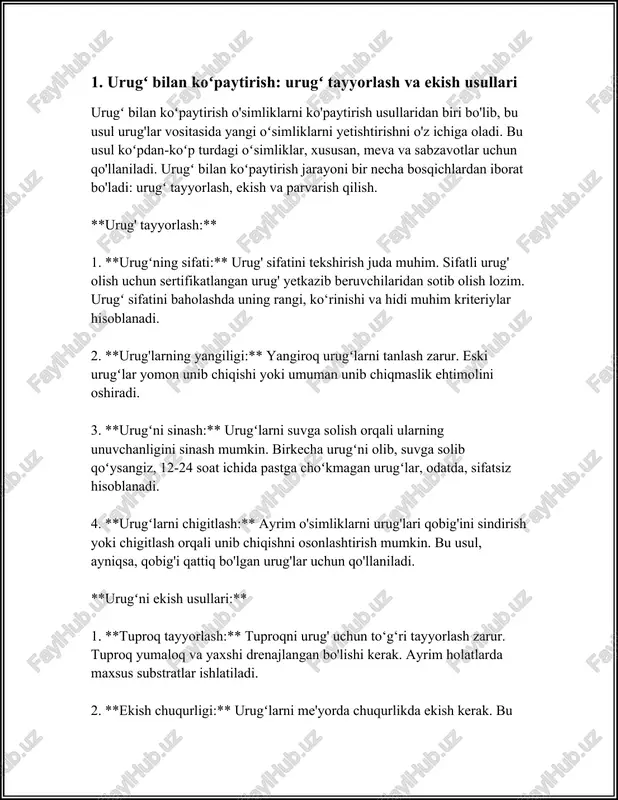 mshoq, yarimqattiq va qattiq kesmalar ishlatiladi. ushbu usullar oʻz xususiyatlari bilan farq qiladi va turli oʻsimliklar uchun qoʻllaniladi. yumshoq kesmalar orqali koʻpaytirish usuli asosan oʻtloq va manzarali oʻsimliklarda qoʻllaniladi. bu usulda oʻsimlikning yashil va nisbatan yumshoq qismi (ko‘pincha yangi barglar yoki yosh novdalar) olinadi. yumshoq kesmalar yetilmay qolgan oʻsimlik toʻqimalari bo‘lib, ular tezroq ildiz otadi. ko‘pincha vegetatsiya davrida, ya'ni oʻsishi faol davrda olinadi. masalan, manzarali gul oʻsimliklari kabi yumshoq kesmalarda 80-90% ildiz otish koʻrsatkichi kuzatiladi. yarimqattiq kesmalar oʻsish davri davomida qisman lignifikatsiyalangan, ya'ni qisman yogʻochlashgan kesmalar hisoblanadi. bu kesmalar ko'pincha yozning oxiri va kuz boshlarida olinadi. yarimqattiq kesmalar manzarali buta va daraxtlar, masalan, atirgul, oleander va yasmin kabi oʻsimliklarda keng qoʻllaniladi. ular ildiz otishga nisbatan oson bo‘lib, muvaffaqiyat darajasi 60-80% oralig‘ida boʻlishi mumkin. qattiq kesmalar esa toʻla lignifikatsiyalangan novdalar yoki shoxlar orqali koʻpaytiriladi. bu tashkilot usuli koʻchatlarga og'ir oʻsimliklar, mevali daraxtlar va ba'zi manzarali butalar uchun ishlatiladi. qish davrida yoki …