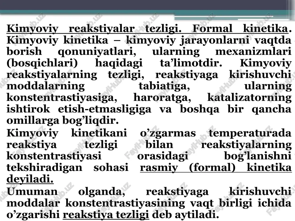 rsa, oddiy reakstiyalar deyiladi. oddiy reastiyalar mono-, bi-, ko’p molekulyaar bo’lishi mumkin. monomolekulyar reakstiyalarni sxematik ravishda quyidagicha ko’rsatish mumkin a  vs... bu toifa ajralish reakstiyalari, molekulalar ichida atomlarning qayta gruppalanishi, izomerlanish reakstiyalari, radioaktiv parchalanish misol bo’la oladi. umuman olganda monomolekular reakstiyalarning tezligi vkc ga teng bo’ladi, bu yerda sreakstiyaga kirishuvchi moddaning konstentrastiyasi bo’lib uni vaqt mobaynida kamayishini hisobga olsak tenglamadan o’ng tomonlarini tenglashtirsak bundan hosil qilinadi. integrallasak hosil bo’ladi; bu erda a- integrallash doymisi, t0 bo’lganda a-lnco; bu erda so- olingan moddaning dastlabki konstentrastiyasi bo’lib, s esa t vaqtagi konstentrastiyadir. a ning qiymatini o’rniga qo’ysak: yoki kelib chiqadi. reaksiyaga kirishuvchi moddaning miqdorini ularning konstentrastiyasi bilan emas, balki olingan mollar soni bilan ifodalasak, bir qancha o’zgartirishlardan so’ng quyidagi tenglamani hosil qilish mumkin: bu erda a- dastlabki moddaning mollar soni; x-t vaqt ichida reaksiyaga kirishgan qismi yuqoridagidan xa(1-e-kt) bimolekular reaksiyalarni sxematik ravishda quyidagicha ifodalash mumkin: ab reaksiya mahsuloti reaksiya uchun a …