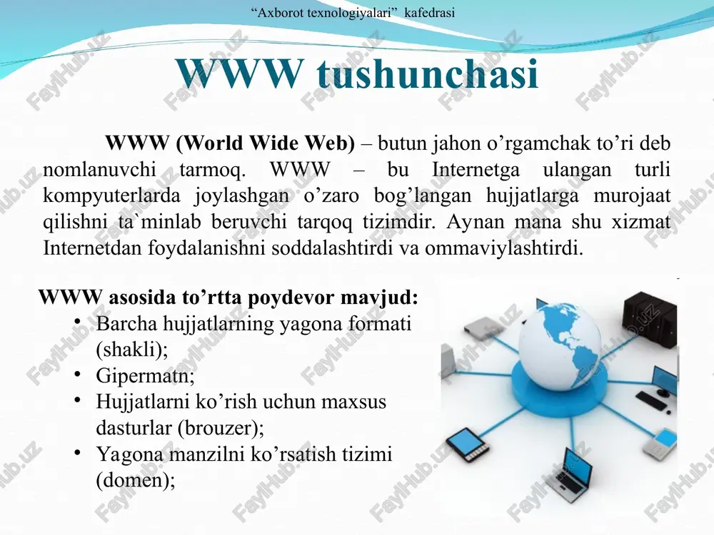 idan bevosita foydalanish imkoni beriladi. mijoz avval proksi serverga ulanadi va u orqali boshqa serverda joylashgan biron bir resursga murojaat qiladi. misol tariqasida shuni keltirish mumkinki, ko’pgina hollarda kompyuter tarmoqlaridagi bir guruh foydalanuvchilar yagona internetga ulangan kompyuter orqali kompyuter xizmatlaridan foydalanishadi. ba`zi hollarda mijoz so’rovi yoki server javobi proksi server tomonidan muayyan maqsadlarda o’zgartirilishi yoki to’xtatilishi mumkin. proksi server shuningdek mijoz kompyuterini ba`zi tarmoq hujumlaridan ximoyalashga imkon beradi. “axborot texnologiyalari” kafedrasi proksi xizmatiga bog’lanish “axborot texnologiyalari” kafedrasi yuklash va ko’chirib olish tushunchalari upload yuklab qo’yish. ma`lumotlarni (fayllarni) kompyuterdan tarmoqdagi yoki internetdagi boshqa kompyuterga yoki serverga yuklab qo’yish. download yuklab olish. ma`lumotlarni (odatda faylni) tarmoqdagi yoki internetdagi boshqa kompyuterlar va serverlardan o’z kompyuteriga yuklab olish. “axborot texnologiyalari” kafedrasi elektron pochta xizmati elektron pochta - bu internet tarmog’i orqali xabarlar almashish xizmati hisoblanib asosan ikkita komponent ishtirokida tashkil etiladi: elektron pochta serveri - xabarlarni jo’natish va qabul qilishni ta`minlash elektron pochta klienti …