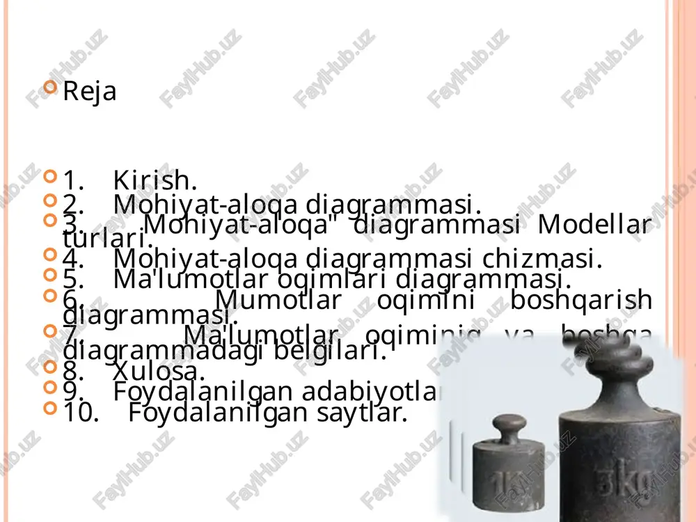 ilik sinfi yoki kardinalligi. mohiyatlar orasida quyidagi munosabatlar aniqlangan: birga - bir (1:1) munosabat. ikki mohiyat orasida birga bir bog'lanish mavjud deyiladi agar birinchi mohiyatning har bir nusxasiga ikkinchi mohiyatning bitta nusxasi mos kelishi mumkin bo'lsa, va aksincha. birga - ko'p (1:n) munosabat. ikki mohiyat orasida birga ko'p bog'lanish mavjud deyiladi. agar birinchi mohiyatning har bir nusxasiga ikkinchi mohiyatning bir nechta nusxasi mos kelishi mumkin bo'lsa, va ikkinchi mohiyatning har bir nusxasiga birinchi mohiyatning bittadan ko'p bo'lmagan nusxasi mos kelishi mumkin bo'lsa. ko'pga - bir (n:1) munosabat. ikki mohiyat orasida ko'pga bir bog'lanish mavjud deyiladi agar birinchi mohiyatning bir nechta nusxasiga ikkinchi mohiyatning ko'pi bilan bitta nusxasi mos kelishi mumkin bo'lsa va ikkinchi mohiyatning har bir nusxasiga birinchi mohiyatning bir nechta nusxasi mos kelishi mumkin bo'lsa. ko'pga - ko'p (m:n) munosabat. ikki mohiyat orasida ko'pga ko'p bog'lanish mavjud deyiladi, agar birinchi mohiyatning har bir nusxasiga ikkinchi mohiyatning bir nechta nusxasi …