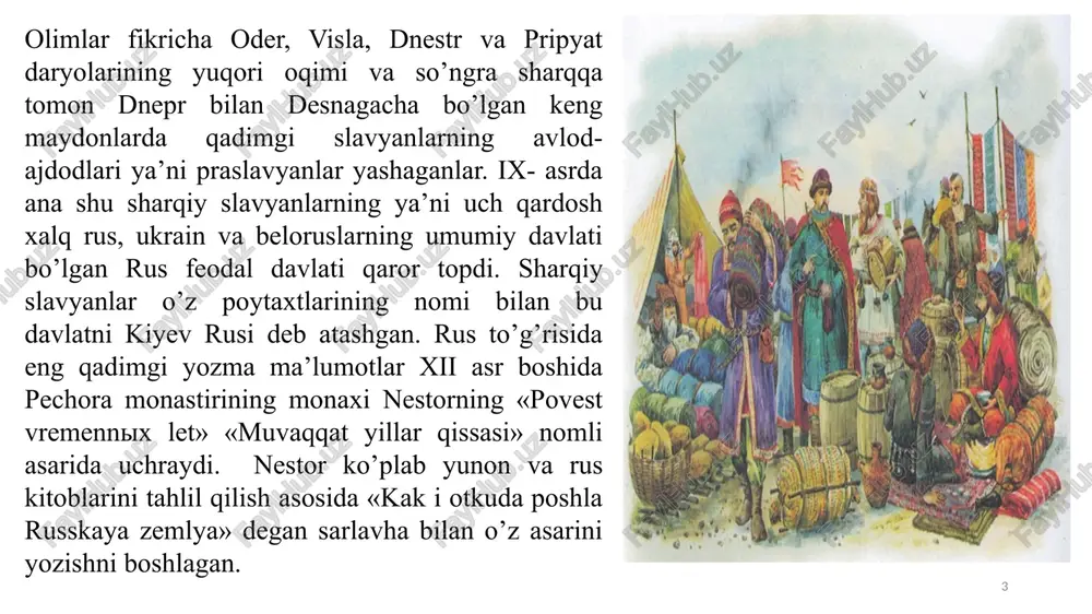 uhoniylari tayyorlaydigan o‘quv yurti tashkil etilgan bo‘lsa, yaroslav novgorodda uch yuz ruhoniy tayyorlaydigan bilim yurtini ochadi. kiyev. avliyo sofiya ibodatxonasi. xi asr novgorod respublikasida xalq majlisi (veche). x-xii asr. svjatoslavning o’g’li, kiev knyazi vladimir xristianlikni qabul qilib uni 988 y. rus davlatining davlat dini deb e’lon qilgan. majusiy xu-dolar tasvirini yo’q qilishgan kievliklarni dnepr bo’yiga to’plab ularni knyaz farmoniga ko’ra cho’qintirishgan. www.arxiv.uz rusda o’lpon to’lashi. cherkov knyazlarning bosh ittifoqchisi bo’lgan, u katta yer mulklari va davlat daromadlarini o’ndan bir qismini rus davlati tomonidan qabul qilingan xristian dini vizantiyaning davlat dini edi. bu rusni vizantiya bilan tabiiy ravishda ittifoqdosh qilgan, madaniy va iqtisodiy aloqalarni kengaytirgan va rus davlatining obro’si va uning xalqaro ahvolini yanada oshishiga kuchli turtki bergan. www.arxiv.uz ryurik, sineus, truvor. rassom i. glazunov. xristianlik knyaz hokimiyatini mustahkamlagan va davlat apparatini kuchaytirgan. xristian ruhoniylari savodli bo’lgan. ularning ko’pchiligi vizantiyada o’qigan, ko’pgina ruhoniylarni vizantiya yuborgan, chunki tashqi xavfga qarshi kurashda rus …