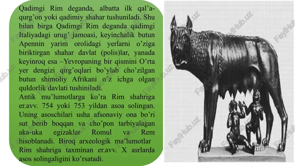 i homiysi va uy o‘chog‘i ma’budasi; mars – urush xudosi; yanus – o‘tmish va kelajak, kirish va chiqish, boshlanish va tugallanish, ikkiyuzlamachilik xudosi; venera – sevgi va hosildorlik ma’budasi; serera – ekinlar va hosil ma’budasi; neptun – dengiz xudosi; merkuriy – savdo va o‘g‘rilar homiysi; vulkan – temirchilar xudosi; pluton – narigi dunyo zulmat xudosi; baxus – vinochilik xudosi; diana – oy va ovchilik xudosi; silvana – o‘rmon xudosi va boshqalar. rimliklar biror-bir muhim ishni boshlashdan oldin bu ish to‘g‘risida xudolar irodasini bilmasdan boshlamaganlar. 7 rim xudolari yupiter – osmon, chaqmoq va yashin xudosi, rim bosh xudosi. yunona – yupiterning rafiqasi, nikoh va hosildorlik ma’budasi. yanus – uyga kirish va chiqish, har qanday ishning boshlanish xudosi, ikki yuzli qilib tasvirlangan. saturn – odamlarni denqonchilikka, uzumchilikka o‘rgatgan, mo‘l-ko‘lchilikni beradigan ekinlar xudosi. mars – urush xudosi, fuqaro jamoasi himoyachisi. neptun – namlik, dengizlar xudosi, yilqichilik homiysi. nenirva – donolik ma’budasi, hunarlar va …