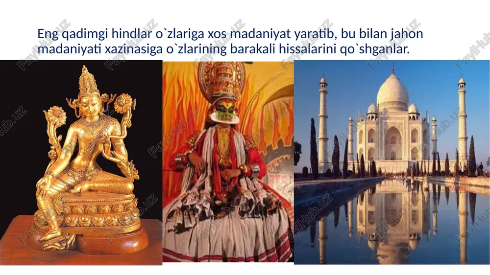 nlar adabiyoti rivojlangan. brahmanlarda samhitalardagi kohinlarning diniy marosimlari sharhlab beriladi. 9 „aranyakalar“ (aynan „oʻrmon kitobi“) jamiyatdagi jabr-zulmdan, gʻarazli, tuban, mol-dunyoga oʻch odamlardan oʻrmonlarga qochib, yolgʻizlikda yashaganlarga bagʻishlangan. upanishad (maxfiy taʼlimot)lar asosan falsafiy-diniy risolalardir. upanishadlarda falsafiy masalalar ancha keng yoritilgan boʻlib, hindlar tangrisi brahma (beruniyda — barohim) borliqning ibtidosi va intihosi, barcha mavjudotlarning asosi, deb ulugʻlanadi. upanishadlarga koʻra, moddiy olam, shu jumladan, inson ham atma-brahmadan paydo boʻlgan va oʻshanga qaytadi. bu fikr islomdagi — sufiylar (ibn arabiy, mansur halloj va boshqalar)ning butun borliq allohning tajalliysi, jamoli. yaxshi, pok insonlar haq visoliga yetishib, u bilan qoʻshilib ketadi, degan fikrlariga uygʻundir. upanishadlarda aytilishicha, inson bunga erishish uchun muayyan axloqiy mezonlarga, karma va dharma taʼlimotiga rioya qilishi kerak. upanishadlarga koʻra, har bir inson oʻzidagi ilohiy dharmalarga muvofiq yashaydi. agar inson bu dunyodagi hayotida pokiza, ezgu niyatlar bilan yashasa, qaytadan dunyoga kelishda yana inson boʻlib keladi. aksincha boʻlsa, odam tuban, hayvoniy ishlar qilsa, keyingi kelishida …