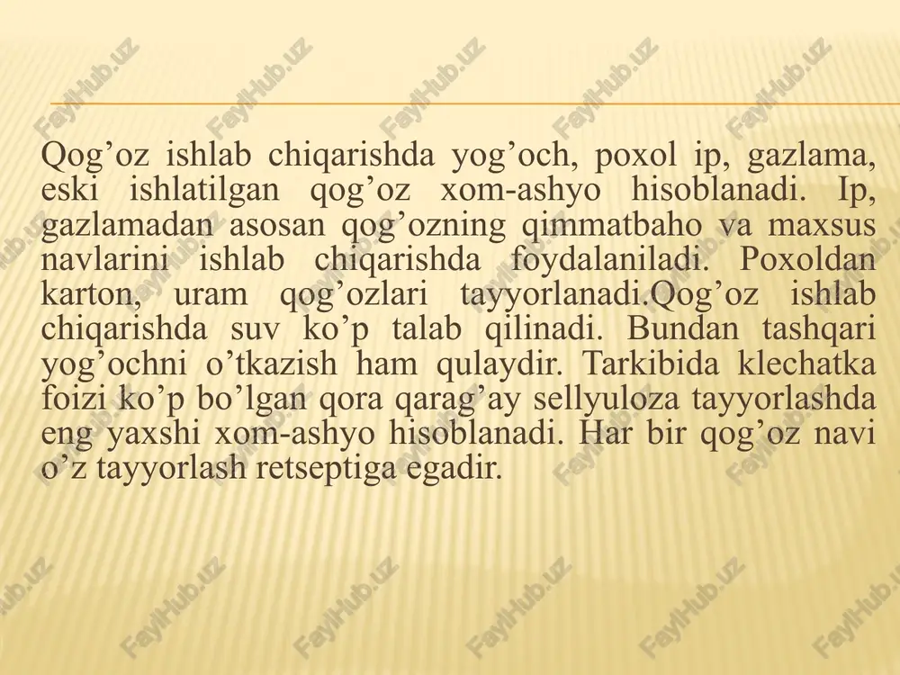 iyatlari bilan tanishish o`quvchilarga turli amaliy maqsadlar – yozish, chizish, buyumlar yasash, turli predmetlarni o`rash uchun qog`ozdan to`g`ri foydalanishga yordam beradi. qog`oz xususiyatlari to`g`risidagi bilimlarni o`quvchilar texnologiya fani darslarida va atrofdagilarning qog`ozdan foydalanishini har kuni kuzatish orqali egallaydilar.o`z qog`oz namunalari va o`qituvchi tayyorlagan va ko`rsatayotgan namunalarni ko`rib chiqib, o`quvchilar o`qituvchi yordamida turli maqsadlarda qo`llanuvchi qog`ozlarning katta miqdordagi turlari mavjudligini qayd etishadi. vazifasiga ko`ra har bir tur va nav qog`ozi muayyan xususiyatlar, sifatlarga ega. bu xususiyatlar qog`ozga uni qog`oz fabrikalarida tayyorlashda yoki keyingi qo`shimcha pardozlashda maxsus beriladi.o`quvchilar oddiy ko`rib chiqish va ushlab ko`rish, hamda o`zlari to`plagan hayot tajribalarini ishga solib osongina aniqlash mumkin bo`lgan qog`ozning quyidagi umumiy xususiyatlarini qayd etishadi: qog`oz – varaqli material qog`oz katta varaqli (chizish va stol usti qog`ozi), o`ramlarda (applikatsiyalar uchun qog`oz, texnologiya darslari uchun rangli qog`ozlar va pochta qog`ozi to`plamlari, qog`oz salfetkalar), rulonlarda (gulqog`ozlar, gofri qog`oz) va hokazo holatda sotiladi; qog`oz qalin va yupqa bo`ladi (masalan, …