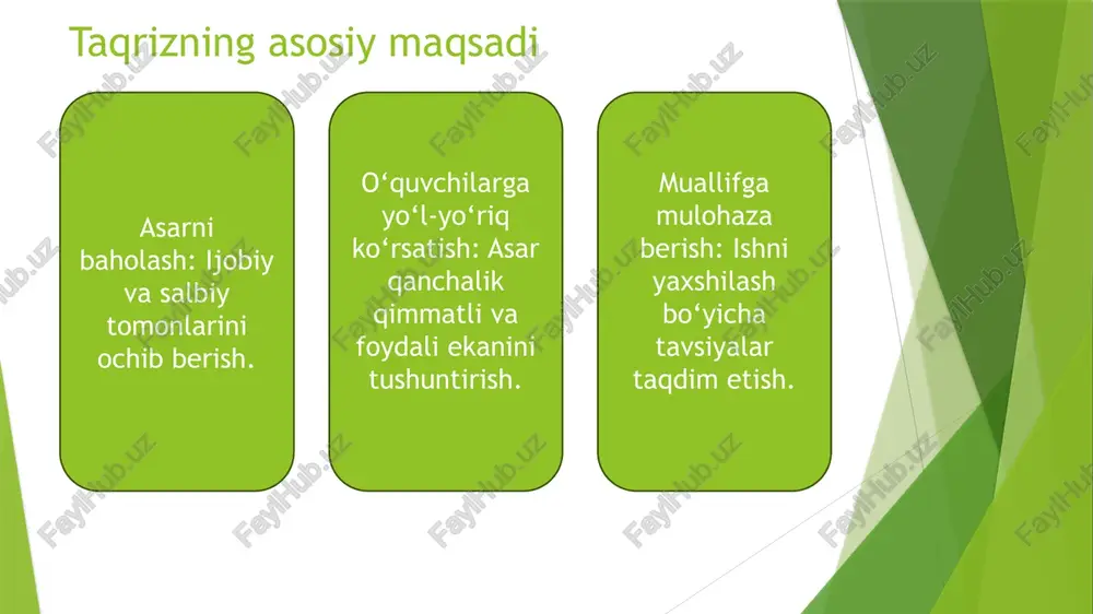taqriz turlari badiiy taqriz (yozuvchi yoki havaskorlar tomonidan yozilgan badiiy matn tahlili). teatrlar taqrizi (spektakl tahlili). kompyuter dasturlari va o‘yinlariga berilgan taqriz (bu turi juda ommalashib bormoqda). multfilmlarga taqriz. ilmiy taqrizlar (ilmiy daraja, magistr dissertatsiyalari, monografiya, maqolalar va boshqa ilmiy ishlar tahlili). 8 (tn a \ nea we bs ya 1 a . /docprops/thumbnail.jpeg