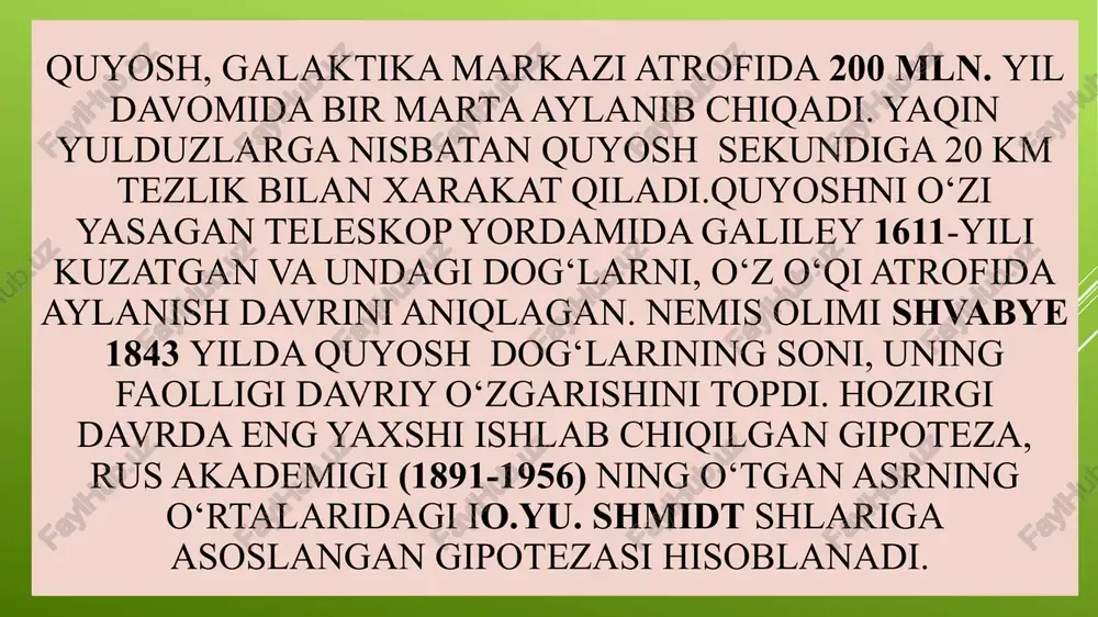 esa harorat ortib, 15-20 mingga yetadi. atmosfera bosimi fotosferanikidan million marta kam; - quyosh toji - quyoshning tashqi, eng ko‘p cho‘zilgan qatlami. quyosh toji quyosh gardishidan 106 marotaba xira bo‘lib, quyoshning to‘la tutilishi paytida yaqqol ko‘rish mumkin. quyosh toji spektorida ko‘p marta ionlangan fe, ca, mg va boshqa elementlar atomlarning emission chiziqlari bor. sayyoralar va ularning harakati yupiter, saturn, uran, neptun, pluton) va ularning yo‘ldoshlaridan iborat osmon jismlari, yana bir necha o‘n ming kichik sayyora (asteroid), ko‘pdan-ko‘p kometa va mayda meteor moddalar birgalikda quyosh sistemasi (tizimi) ni tashkil etadi. quyosh sistemasi hududidagi har qanday jism ham uning a’zosi bo‘lavermaydi. quyoshning ta’sir doirasidagi har bir jismning quyosh sistemasi a’zosi bo‘lishi uchun energiya to‘la manfiy bo‘lishi kerak. bu holda jism quyoshning tortish kuchini yenga olmay, quyosh sistemasi doirasidan tashqariga chiqib keta olmaydi. yana, quyosh sistemasiga tegishli jismlarga quyoshning tortishish kuchi ta’siri boshqa yulduzlarnikiga nisbatan ortiq bo‘lishi kerak. quyosh sistemasida jismlarning haroratini boshqaruvchi …