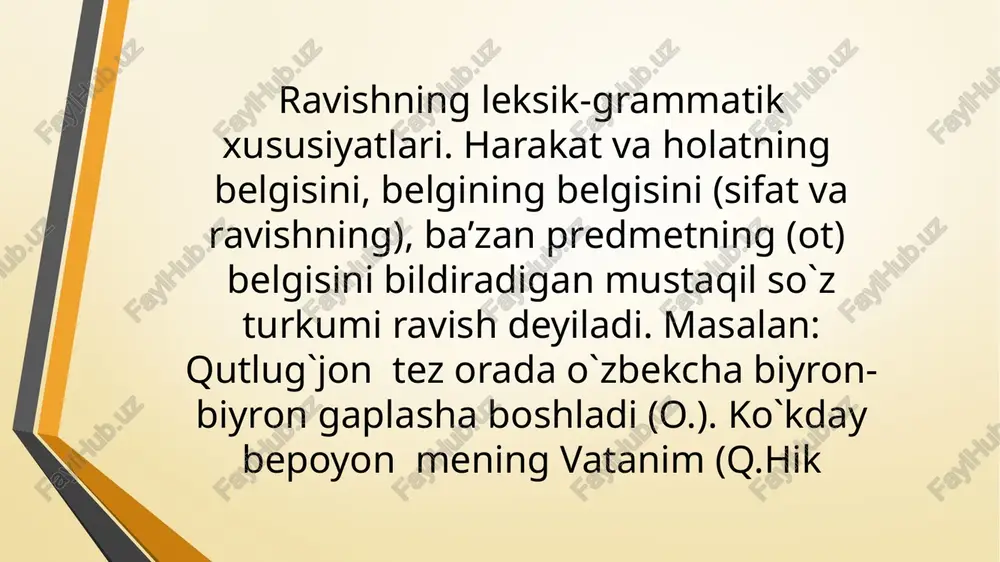 moq). 5) ravish otlashish xususiyatiga ega, ya’ni ravish bog`lanib kelgan ot gapda qo`llanmasligi mumkin. bunday holda ravig otga xos egalik, kelishik, ko`plik affikslarini qabul qiladi va gapda ot kabi ega, qaratuvchi-aniqlovchi, to`ldiruvchi vazifalarida keladi: ko`pni ko`rgan ko`hna dunyoda baxt axtarib ko`plar o`tdilar (h.o.). ilm ko`pga etkazar, hunar esa ko`kka (maqol). ravishlarda otlashish hodisasi, asosan, holat, miqdor belgisini (ba’zan payt belgisi) bildiruvchi ravishlarga xos. 6) ravish gapda hukm tushunchasini anglatib bosh bo`lak ot kesim vazifasida ham keladi: odam har qancha olim bo`lsa ham, uning o`zi sezmagan kamchiliklari ko`p («oz-oz o`rganib dono bo`lur»). 7) ravish so`z yasalish xususiyatiga ega. ravish yasovchi maxsus so`z yasovchi affikslar mavjud: do`stona, yangicha, tasodifan, butunlay kabi. bunday usul bilan ravish yasalishi morfologik usul sanaladi. ravish sintaktik usul bilan ham yasaladi: bir oz, har gal, bir yo`la, dam-badam kabi. 8) ravishlarda modal ma’no yasalishi ham mavjud. bunday shaklda kelgan ravishlar harakat belgisining kuchsizligi, ta’kid, noaniqlik kabi ma’nolar anglatadi. …