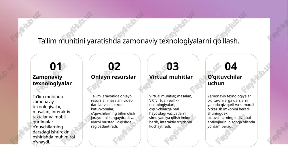 'lim dizaynida mahalliy madaniyat elementlarini qo'shish, o'quvchilar uchun o'ziga xos va qiziqarli muhit yaratadi, ularni darslarga jalb qiladi. 3 innovatsion yondashuvlar - mahalliy madaniyatga asoslangan innovatsion yondashuvlar, o'qituvchilarga o'z fikrlarini ifoda etish va o'quvchilarda ijodkorlikni rivojlantirish imkonini beradi. innovatsion o'qitish usullarining ta'lim jarayoniga ta'siri. 1 innovatsion metodlar innovatsion o'qitish usullari, masalan, problemali o'qitish va loyihaga asoslangan o'qitish, o'quvchilarning tanqidiy fikrlashini rivojlantiradi. 2 texnologiya integratsiyasi texnologiyalarni qo'llash, masalan, onlayn platformalar va interaktiv dasturlar, o'quv jarayonini samarali va qiziqarli qilib, o'quvchilarning motivatsiyasini oshiradi. 3 o'quvchilarning ishtiroki innovatsion usullar o'quvchilarning faol ishtirokini ta'minlaydi, bu esa o'zaro muloqot va hamkorlikni kuchaytiradi, natijada ta'lim jarayoni samaradorligi ortadi. mahalliy kontekstda innovatsion ta'lim metodlarini qo'llash. 1 mahalliy muhitga moslash innovatsion ta'lim metodlari, mahalliy kontekstga mos ravishda, o'quvchilarning ehtiyojlari va madaniyatini inobatga olgan holda ishlab chiqilishi lozim. 2 o'quvchilarning ehtiyojlari har bir o'quvchi o'ziga xos ehtiyojlarga ega. innovatsion metodlar, o'quvchilarning individual xususiyatlarini hisobga olib, o'qitish jarayonini samarali qiladi. …
