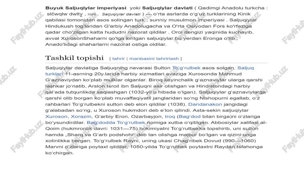 tonligini (gʻarbiy eron, iroq va ozarbayjon), ikkinchisi poytaxti xuroson, xorazm va transoxiyoni oldi. marv shahrida. assassinlar (ingliz assassins dan) xi-xiii asrlarda faol boʻlgan alohida ismoiliy-nizoriy davlatining diniy yarim harbiylashtirilgan tuzilmasi aʼzolaridir. ular zamonaviy eron va suriya tog'larida joylashgan edi. shia islomining ismoiliylar tarmog‘i harakatining mutaassib vakillari o‘z maqsadlariga erishish uchun ochiq to‘qnashuvlardan qochib, shafqatsiz va yashirincha harakat qilishni afzal ko‘rdilar va bu bilan o‘z davrining siyosiy muxoliflariga, birinchi navbatda, sunniy saljuqiylar hokimiyatiga ko‘p muammolarni keltirib chiqardilar. alamut hulagu alamut qal’asini vayron qiladi. xvi asr fors miniatyurasi. qoraxitoylarning oʻrta osiyoga bosqinidan soʻng amudaryoning sharqiy va shimolidagi barcha hududlar saljuqiylar imperiyasi qoʻliga oʻtib ketdi. 1153-yilda balx shahri yaqinida sarson-sargardon boʻlgan oʻgʻuzlar qoʻzgʻolon koʻtarib, ularga qarshi chiqqan sanjar qoʻshinini tor-mor etib, uni asirga oladi; shundan so‘ng balx o‘g‘uzlari xurosonni vayron qildilar. xorazmshoh tekeshning istilolari iroq sultonligiga barham berdi. qulagan imperiyaning soʻnggi qoldigʻi — konya sultonligi xiv asr boshlarigacha mavjud boʻlgan. image1.png image2.png image3.png …