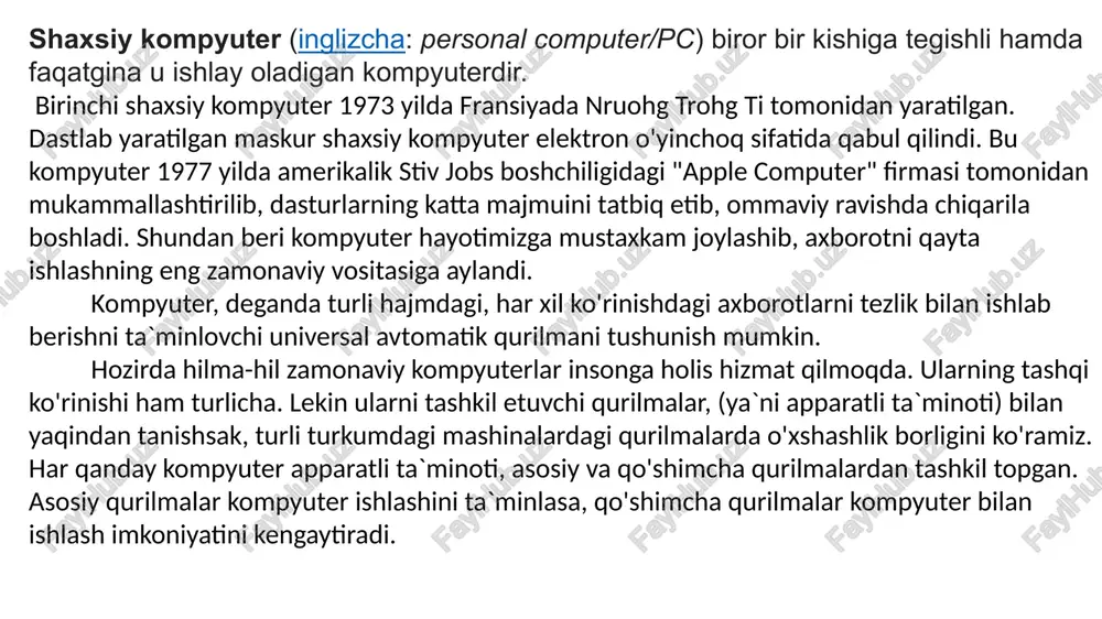 pyuterlar — axborotni ... uchun qulay vosita. qayta ishlash web-sayt yaratishdan oldin dasturchilar ma‘lumotlarni ... jarayoni bilan shug‘ullanadilar. (esfeesin monitorlar axborotni faqat ... uchun mo'ljallangan. uzatish internetda qiziqarli ma’lumotlarni ... va ulardan foydalanish iaawraattdtm. saqlash _ x @ a bown 4q o6umii aoctyn ict 5.pdf - adobe acrobat pro dc alin penactmposanme mpocmotp oxno cnpasxa tnashaa — vixctpymehte ict s.pdf x @ bown #obbq @orr -g8oom-h fialsa i 1 bub. q ib informatika va axborot olami eslab qoling! axborot texnologiyalari — inson faoliyatining turli sohalarida axborotlarni izlash, to‘plash, saqlash, gayta ishlash va uzatish jarayonida ishlatiladigan usullar va texnik vositalar. ularni bajarilishiga ko'ra 4 yo‘nalishda o'rganish mumkin: 1. aloga vositalari; 2. telekommunikatsiya vositalari; 3. internet; 4. kompyuterlar va ularning go‘shimcha vositalari. savol va topshiriqlar ff bo) ne 140 o /docprops/thumbnail.jpeg