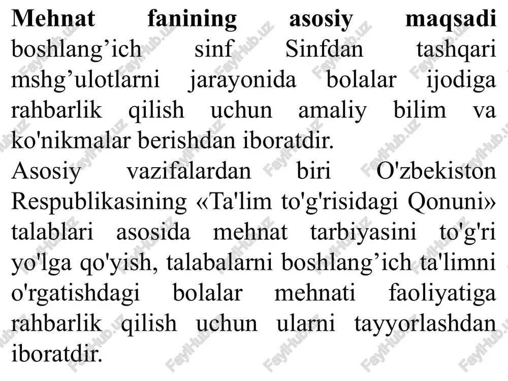 mehnatiga ijtimoiy tajriba to’plash; shaxsning barcha sohalarda xususan mehnat faoliyatida madaniyatni tarbiyalash; zamonaviy iqtisodiy bilimlarni egallash, yangicha iqtisodiy tafakkurni, omilkorlikni shakllantirish. mustaqillikni, tashabbuskorlikni, ijodkorlikni, muammoli vaziyatlarni ijodiy ravishda hal qilishga hozirlikni shakllantirish. mehmat fanida qo’l mehnati orqali mqasadga erishish o’quvchilarni qo’l mehnatiga o’rgatishda qog’oz va karton bilan ishlash”, “applikatsiya ishlari”, “tikish va bichish”, “pazandachilik”, “plastilin bilan ishlash”, “ “applikattsiya va mozayka ishlari”, “texnik modellash va konstruktorlashtirish” turlari bilan bosqichma-bosqich tanishib boradilar. har bitta bo’lim o’quvchilarni hayotga mustaqil qilib tarbiyalashda muhim o’rin egallaydi. qo’l mehnati bilan yaratilgan mehnat natijalari o’ziga va yon atrofdagilariga foydasi tegishini ko’rgan o’quvchi mehnatni asrab-avaylashga va mehnat kishilarining mehnat natijalarini ham hurmat-izzat qilishga o’rganadi. topshirilgan ishga ma’suliyat hissini va mehnatdagi intizomni tarbiyalash, o’qitishni ishlab chiqarish bilan birga olib borilishi salomatlik va yosh uchun foydali, jamiyat uchun kerakli mehnat izchilligini amalga oshiradi. mehnat fanining vazifalari mehnat fanining vazifalaridan biri mehnat madaniyatini tarkib topishdan iborat bo’lib, darslarda doimo bolalarning …