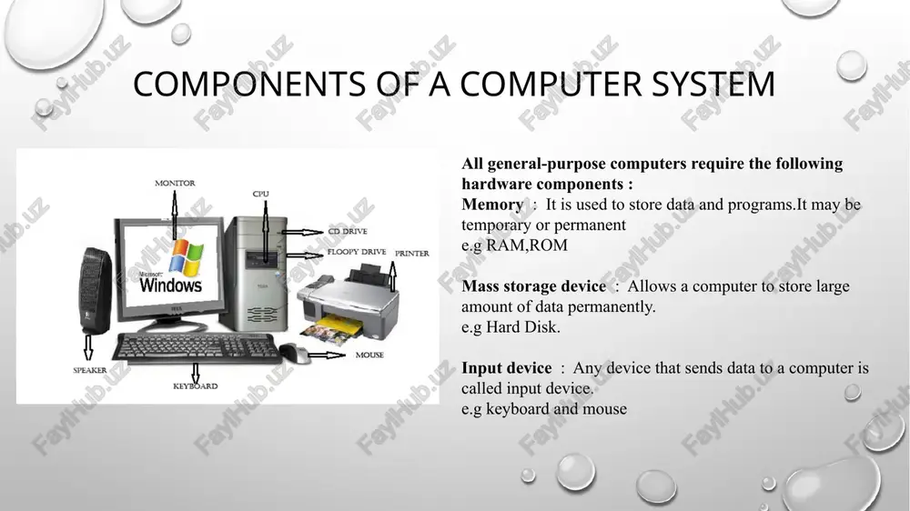 er computer, based on a microprocessor. a personal computer has a keyboard for entering data, a monitor for displaying information, and a storage device for saving data. example : desktops, laptops,notebooks,tablet and personal digital assistants (pdas). thank you for your attention image2.png image3.png image4.jpeg image5.png image6.jpeg image1.png monitor, micrsat windows example keyboard, mouse etc. cpu memory unit ca control unit % alu 7 secondary storage device example magnetic tape,disk,dvd etc example monitor printer etc. classification of computers —————_ according to technology according to size anolog digital hybrid micro mini supermini mainframe super oo special geanral /docprops/thumbnail.jpeg components of a computer system