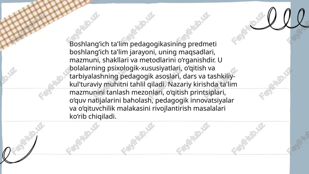 foydalanish, o‘quv muhitini xavfsiz va inkluziv qilish, ota-onalar bilan hamkorlik va doimiy kasbiy rivojlanish kabi elementlarni o‘z ichiga oladi. ... t.me/slaydai_bot boshlang'ich ta'limda baholash, monitoring va diagnostika metodlari o'quv jarayonini optimallashtirishga xizmat qiladi. baholash turlari: shakllantiruvchi, yakuniy, diagnostik. asboblar: testlar, kuzatuv jurnali, portfelyo, cheklist, rubrikalar, insholar. monitoring tezligi: haftalik, choraklik va yillik. diagnostika o'qish, yozish, hisoblash qobiliyatlarini aniqlaydi. mezonlar: vijdoniylik, ishonchlilik, haqiqiylik. natijalar individual reja, oraliq tuzatish va ota-ona bilan axborot almashinuviga yo'naltiriladi. raqamli platformalar va statistika tahlili qo'llaniladi. boshlanģich ta'lim pedagogikasi: predmeti,maqsadi,vazifalari va ilmiy tadqiqot metodlari . e'tiboringiz uchun raxmat! image1.png image2.png image3.png /docprops/thumbnail.jpeg