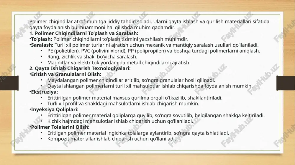 i qurilishda qo’llashda qonuniy va texnik muammolar: qayta ishlangan materiallarni qurilishda qo’llash bo’yicha qonun va me’yorlar yetarlicha rivojlanmagan. qayta ishlangan materiallar standartlariga mos kelmasligi mumkin. qayta ishlangan materiallarning xavfsizligi va bardoshliligi haqida shubhalar mavjud. yechimlar: 1. avtomatlashtirilgan saralash tizimlari: turli xil polimerlarni aniq ajratish uchun avtomatlashtirilgan tizimlar va texnologiyalarni qo’llash. rang, shakl va zichlik bo’yicha skanerlash va ajratish tizimlari. 2. enerji sarfini kamaytirish: energiya sarfini kamaytiradigan yangi qayta ishlash texnologiyalarini rivojlantirish. energiya samaradorligini oshirishga yo’naltirilgan qurilmalarni qo’llash. 3. sifat nazorati: qayta ishlangan materiallarning sifatini nazorat qilish va standartlashtirish sistemasini yaratish. sinflash va belgilar tizimini joriy etish. 4. qonuniy va texnik muammolarni hal qilish: qayta ishlangan materiallarni qurilishda qo’llash bo’yicha qonun va me’yorlarni takillashtirish. standartlarni yaratish va qayta ishlangan materiallar sifatini nazorat qilish. qayta ishlangan materiallar xavfsizligi va bardoshliligi haqida ma’lumotlarni taqdim etish. polimer chiqindilarini qayta ishlash va qurilishda qo’llash ko’plab muammolarni keltirib chiqaradi. ammo, bu muammolarni hal qilish uchun kerakli …